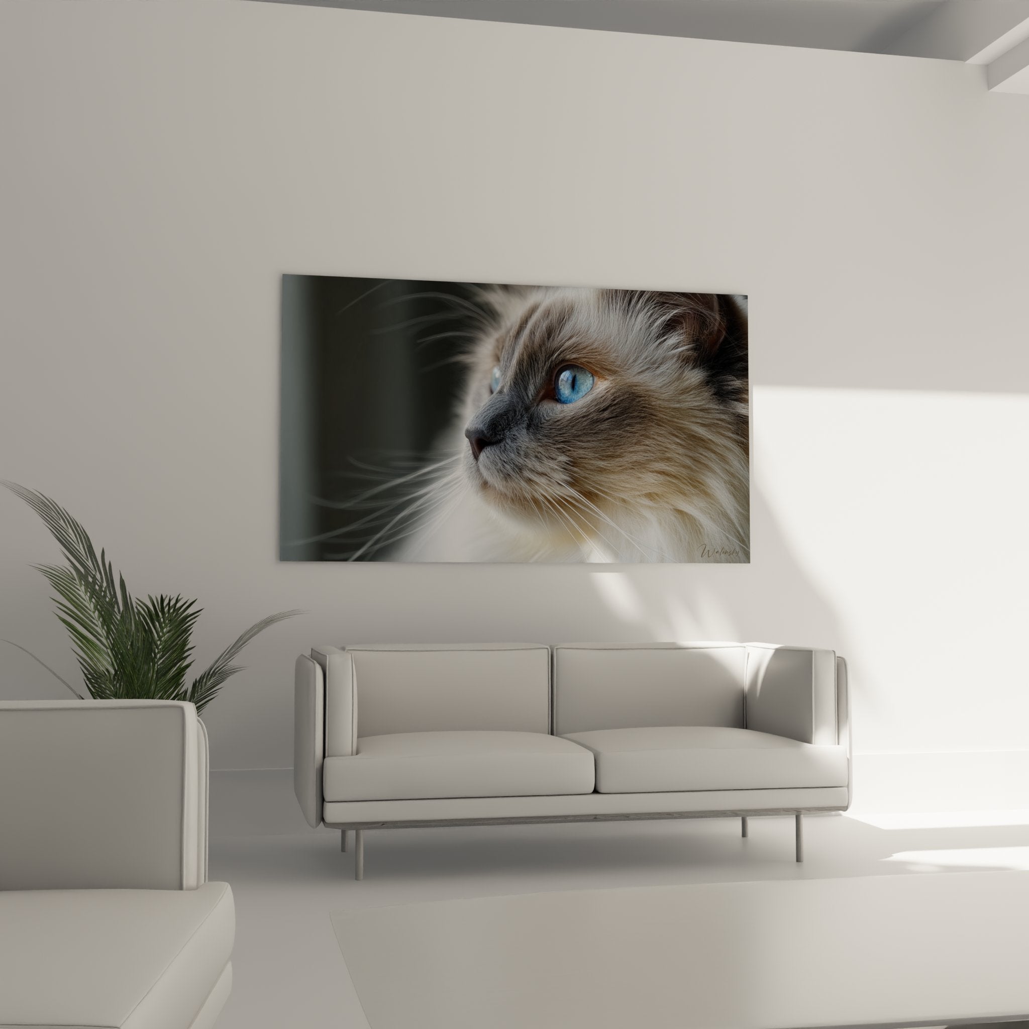 Close-up detailed view of the Birman cat painting showing realistic fur texture, white whiskers, crystalline blue eye