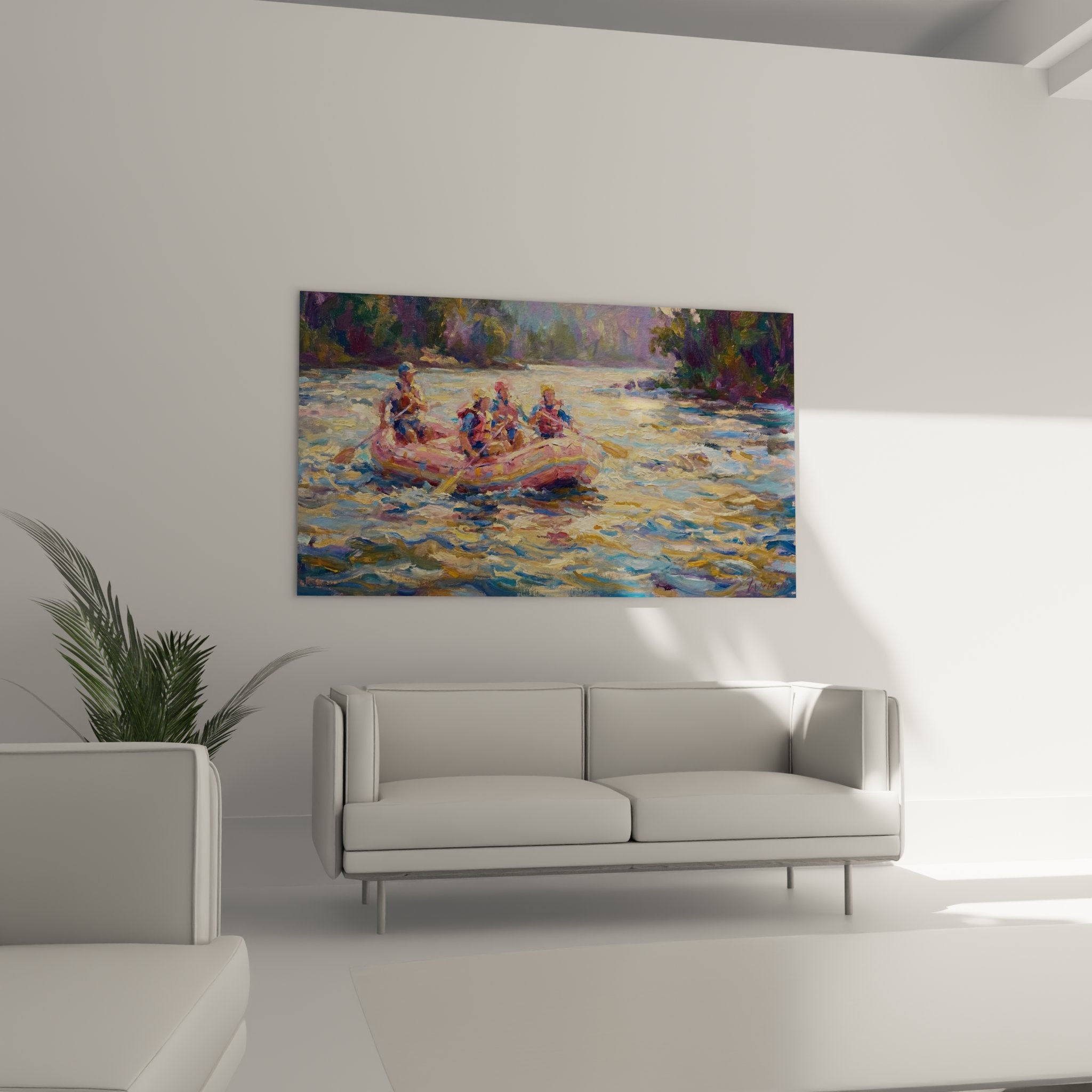 Detail impressionist painting rafting technique colorful strokes orange blue purple nautical adventure