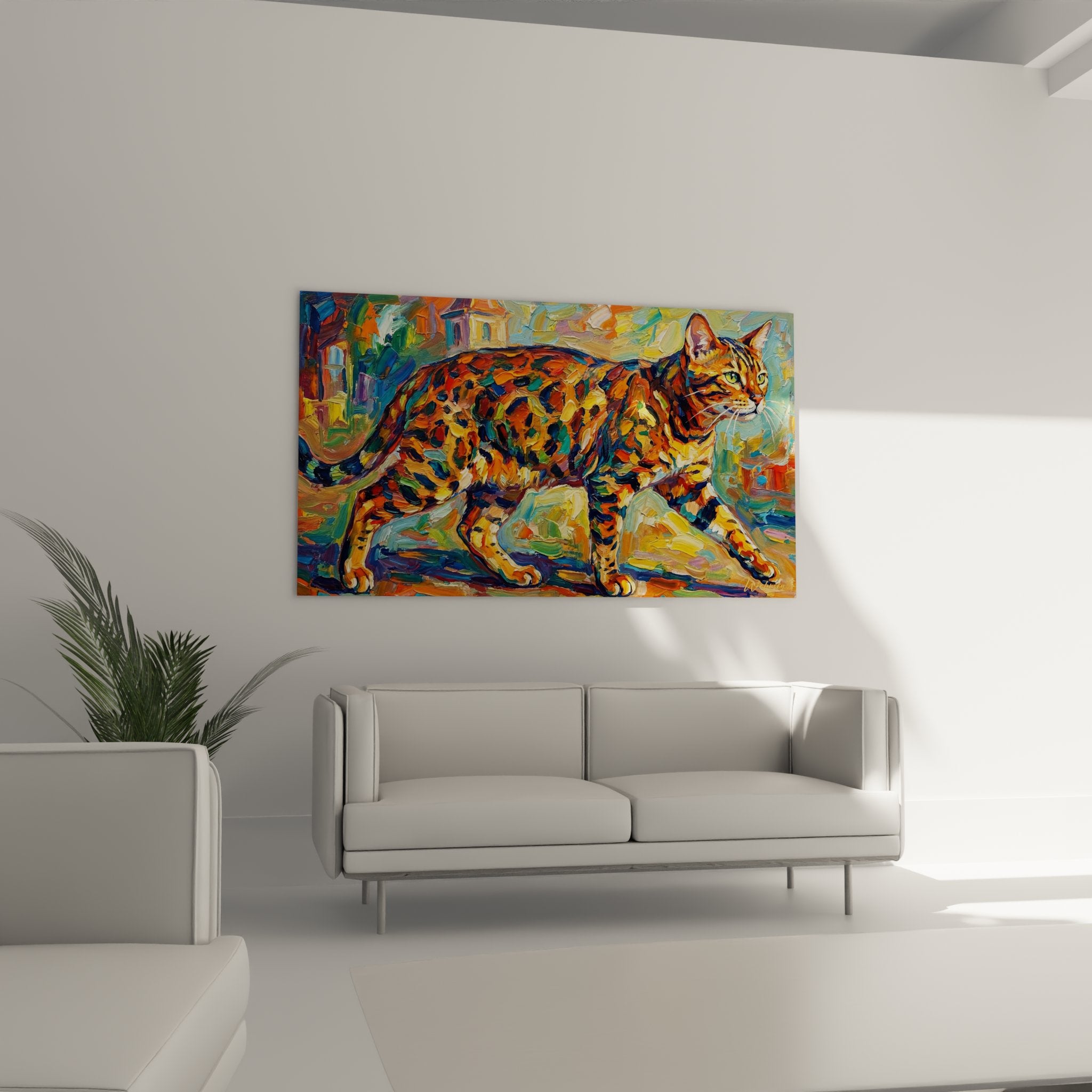 Detailaufnahme des Gemäldes, das das gefleckte Fell der Bengal-Katze in farbenfrohem expressionistischem Stil zeigt