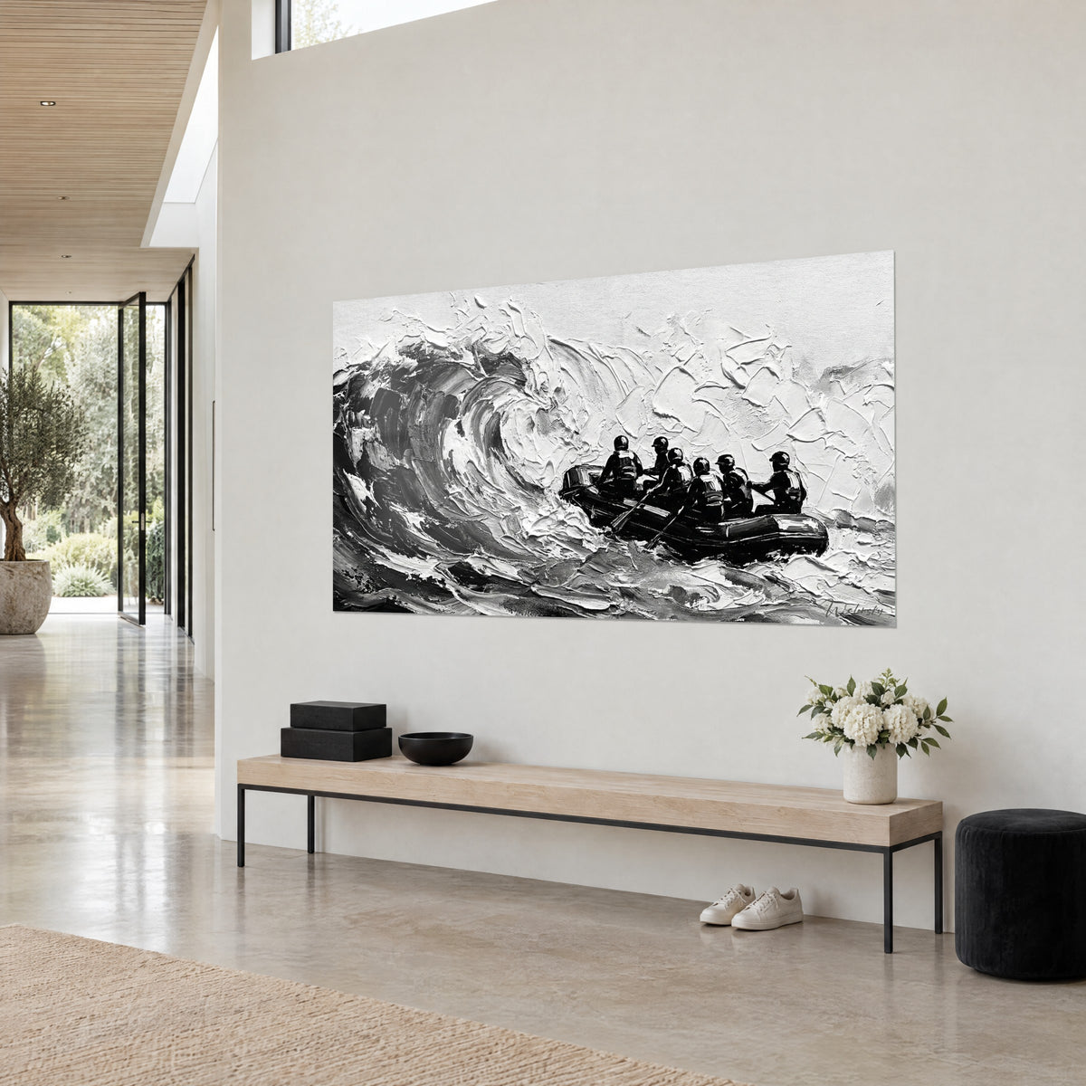 Wall art black inflatable boat climbing a wave in white and grey impasto, light wall of an architect-designed house
