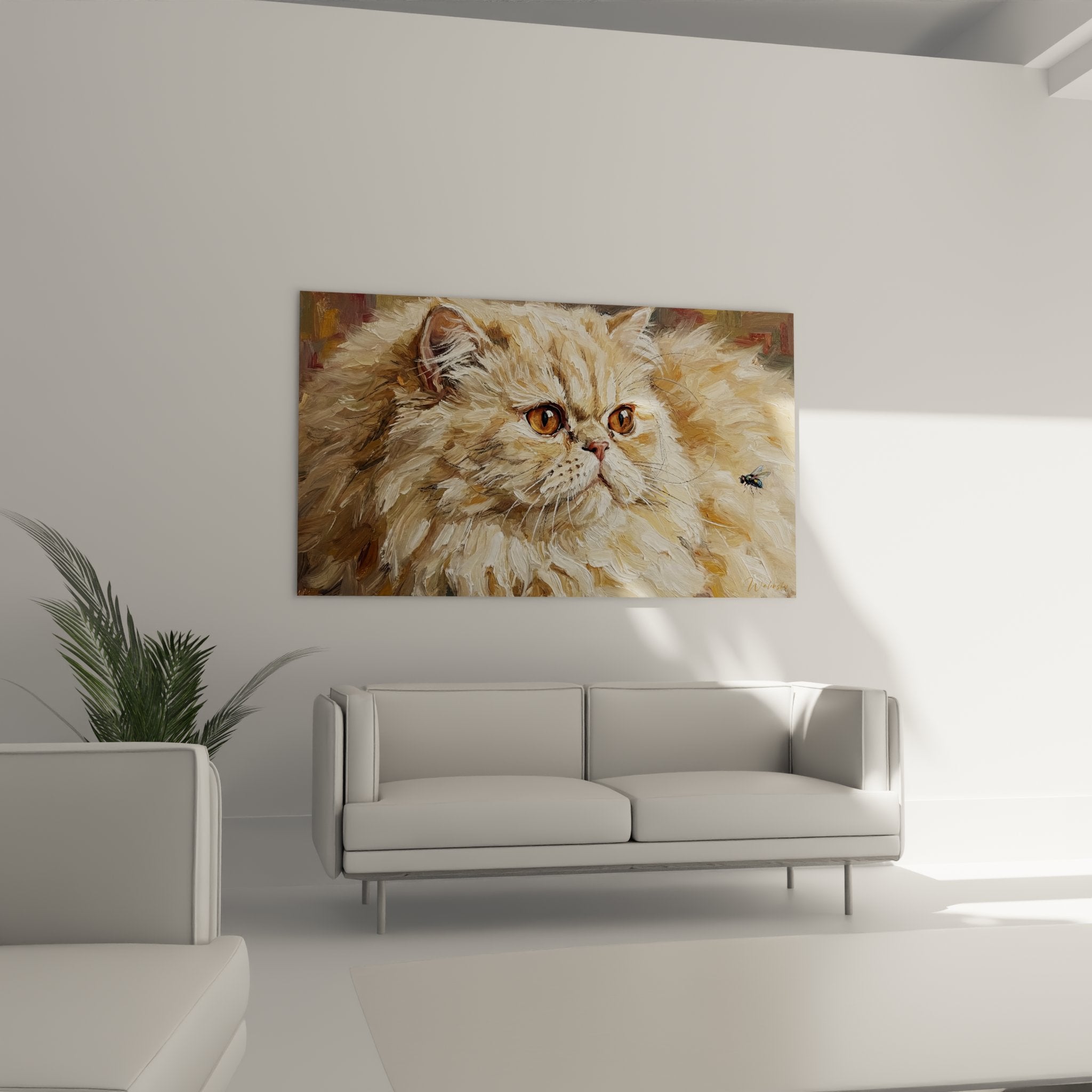 Nahaufnahme Persisches Katzen-Kunstwerk, Detailaufnahme bernsteinfarbener Augen und seideige Fellstruktur, expressive Maltechnik