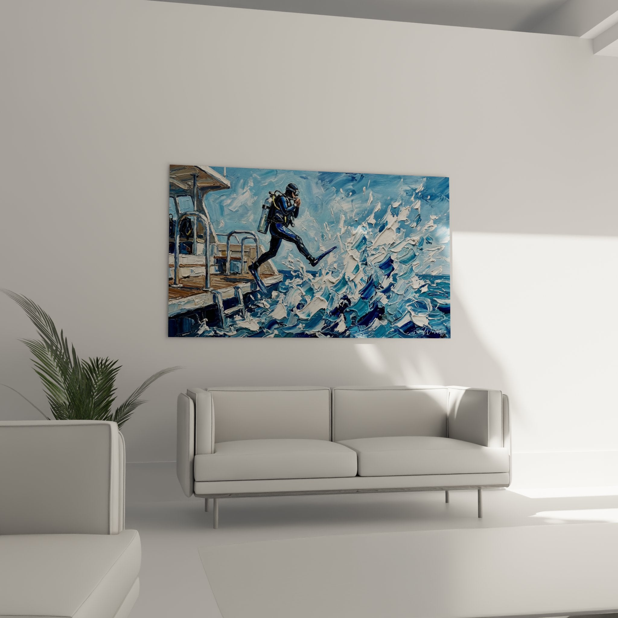 Detail Gemälde Taucher Neoprenanzug Flossen ins Wasser springend Ozean ausdrucksstarke Pinselstriche maritime Kunst