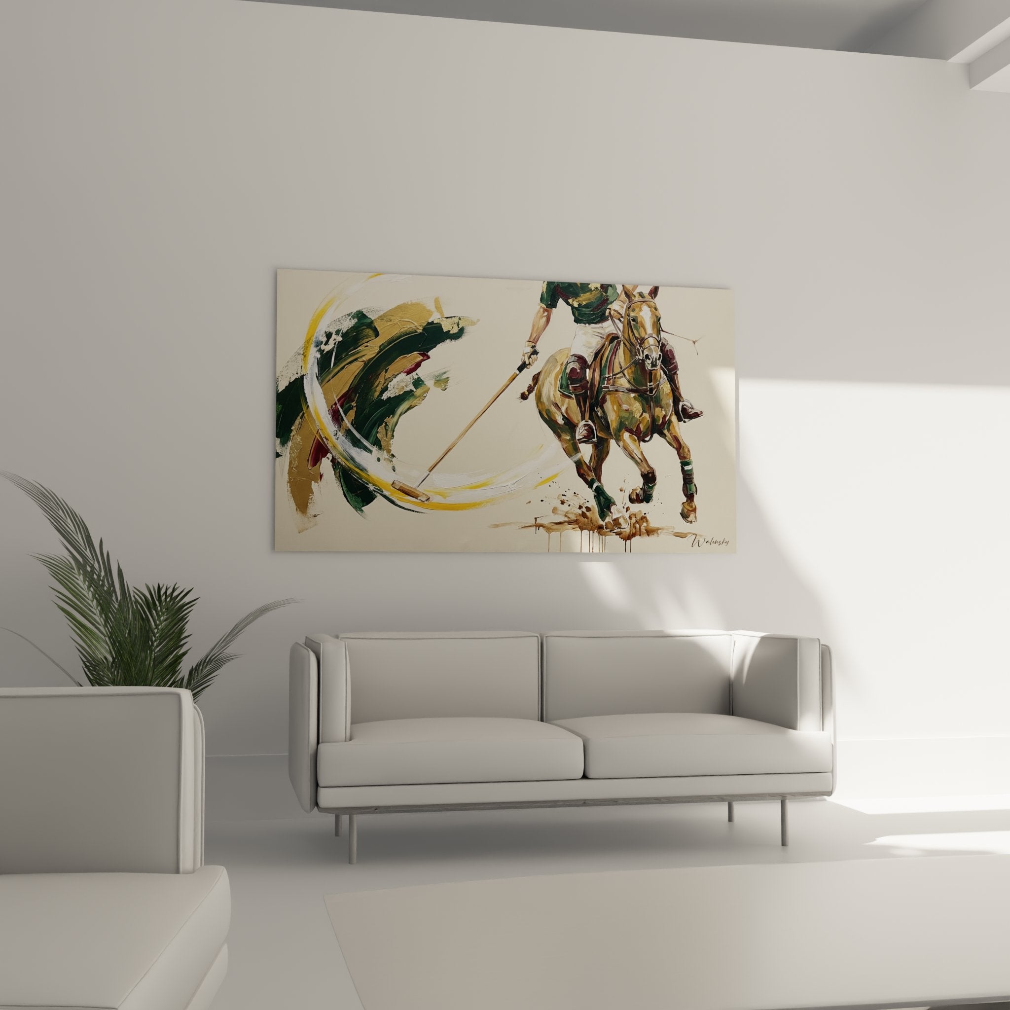 Polo painting detail showing brushstrokes and artistic technique, modern equestrian art close-up