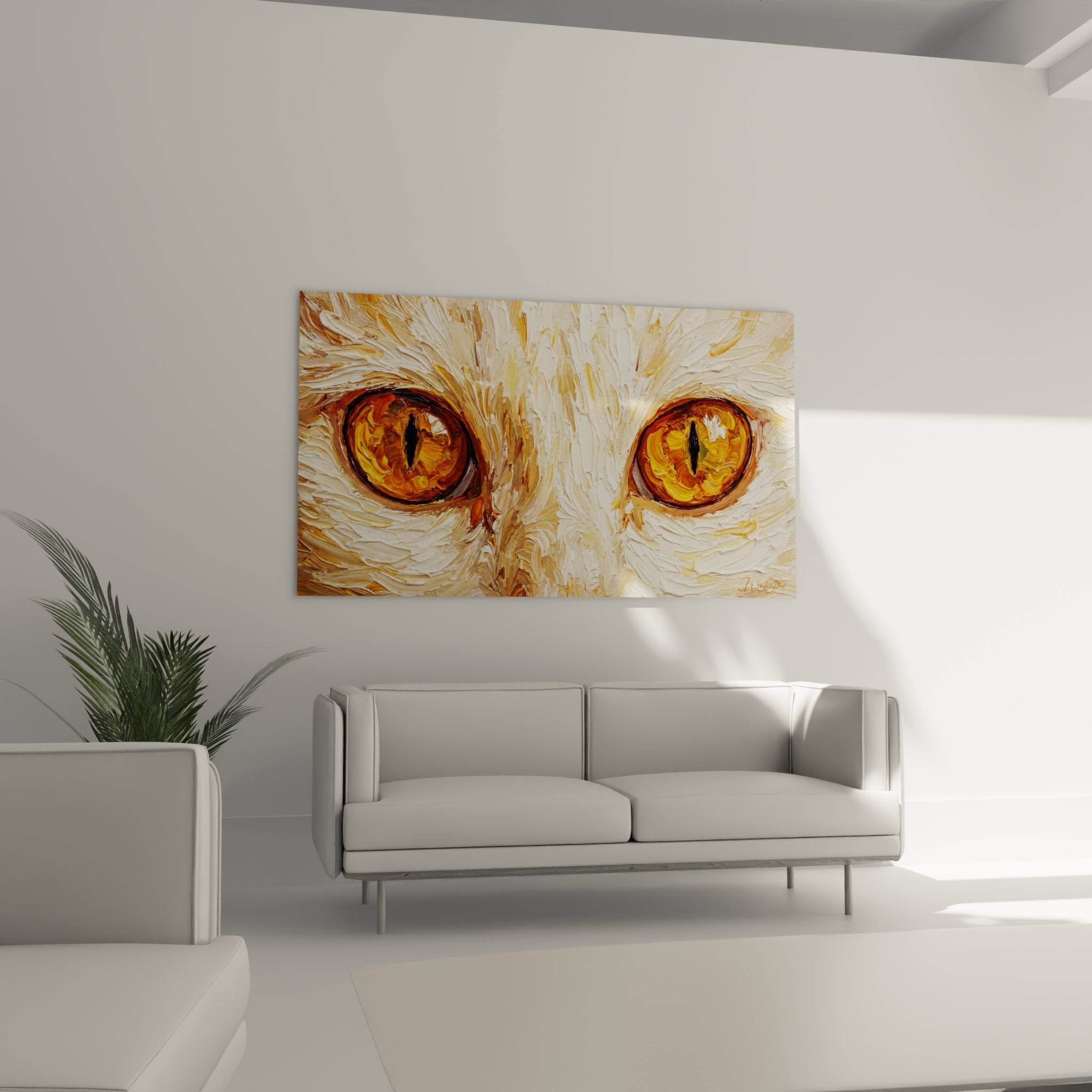 Gros plan sur les details des yeux dores du chat Khao Manee peints avec technique texturee