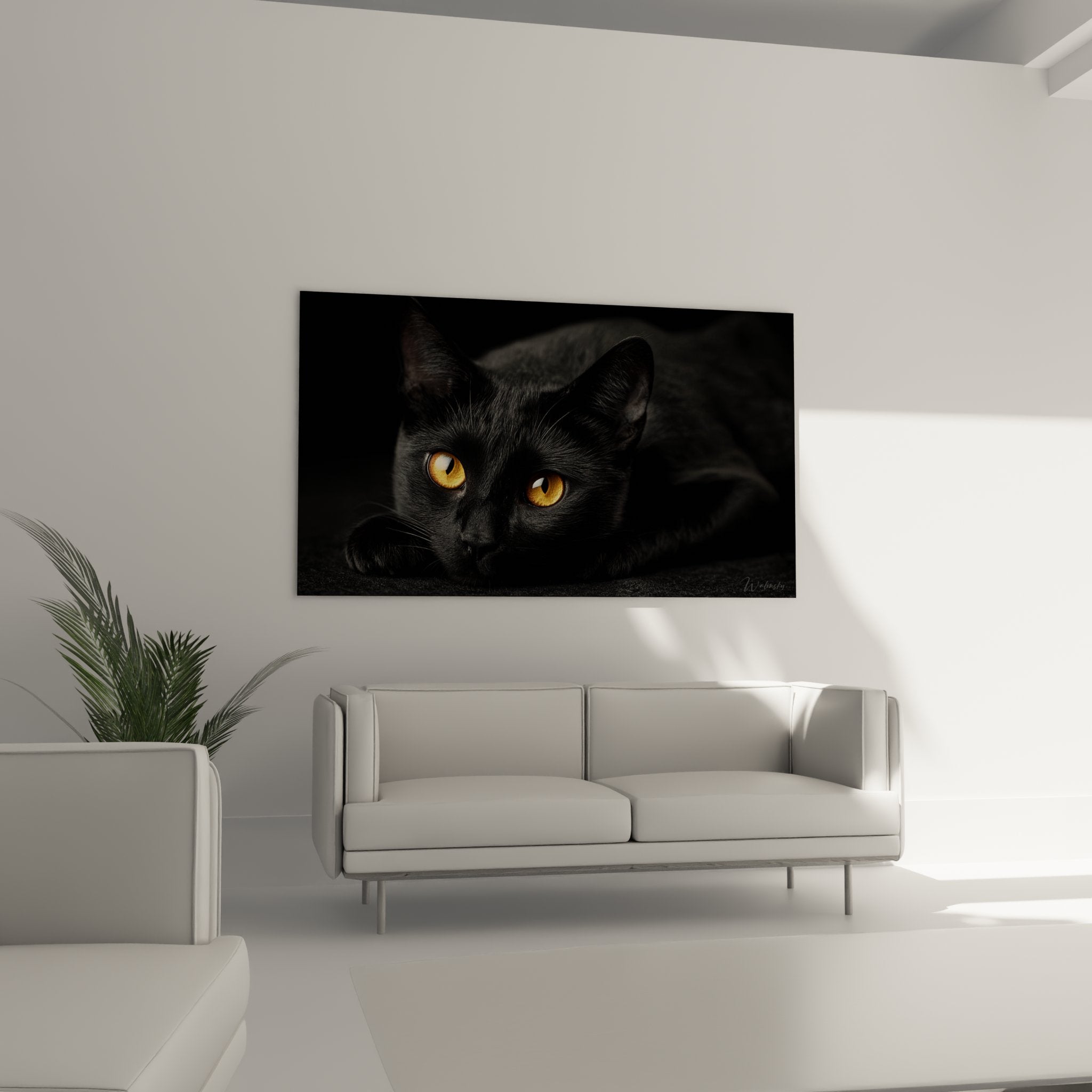 Gros plan tableau chat Bombay noir, détails yeux ambrés hypnotiques, texture pelage soyeux, art mural félin