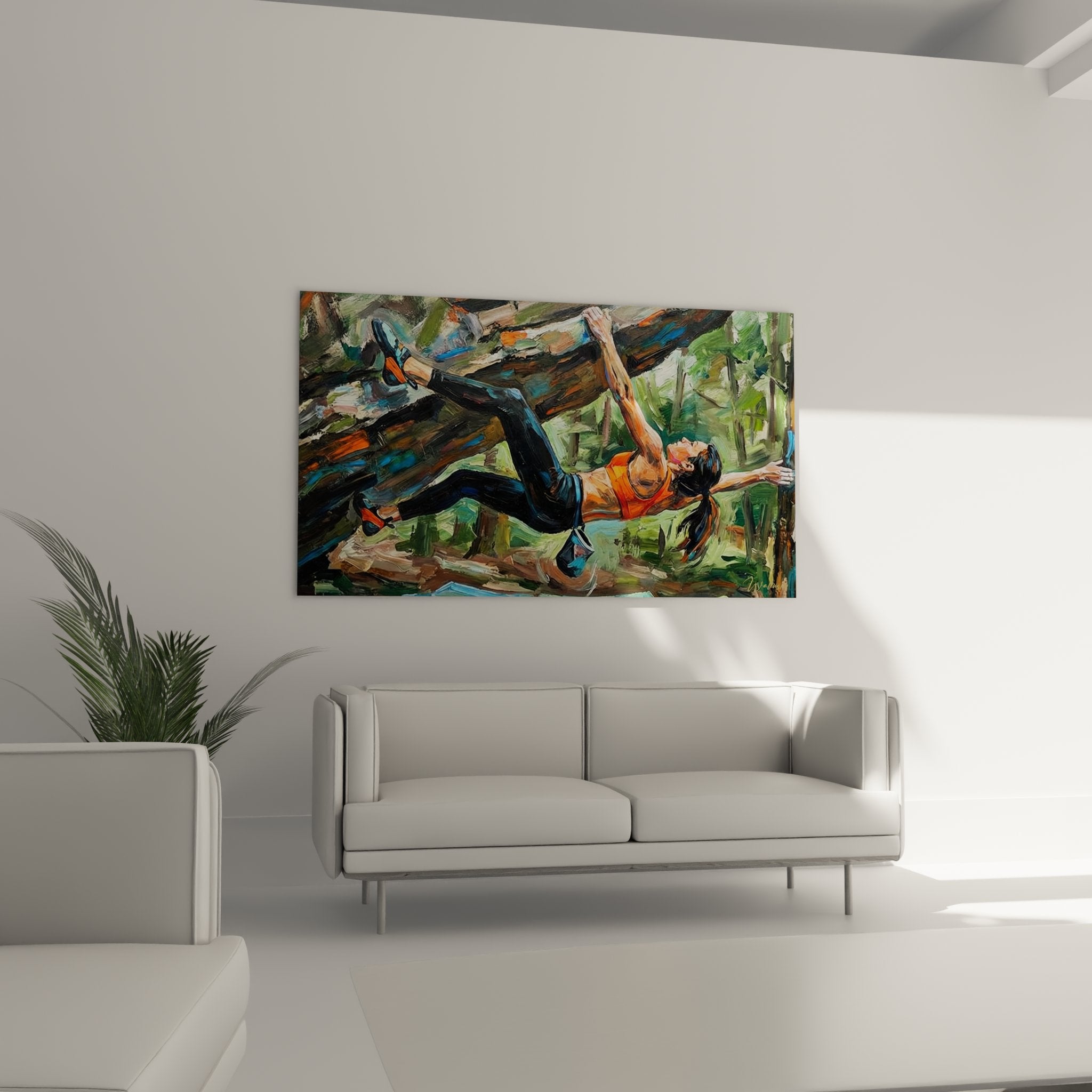 Close-up detail of climbing painting showing pictorial technique and vibrant colors of the sport climber