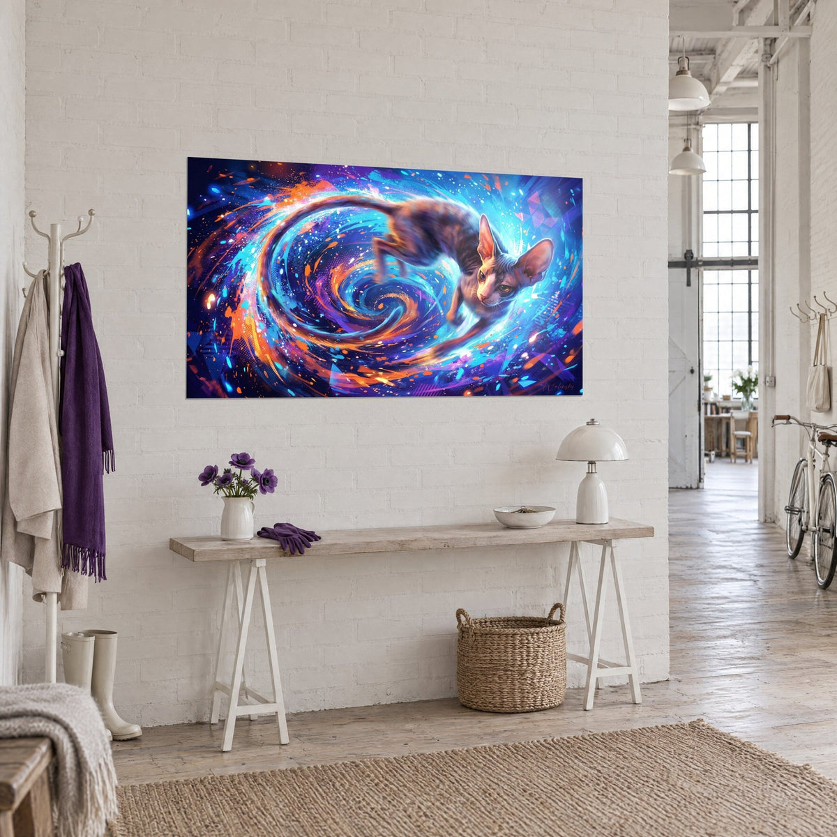 Quadro gatto senza pelo dalle grandi orecchie rosa, spirale cosmica indaco e ambra, appeso a un muro di mattoni bianchi di un loft