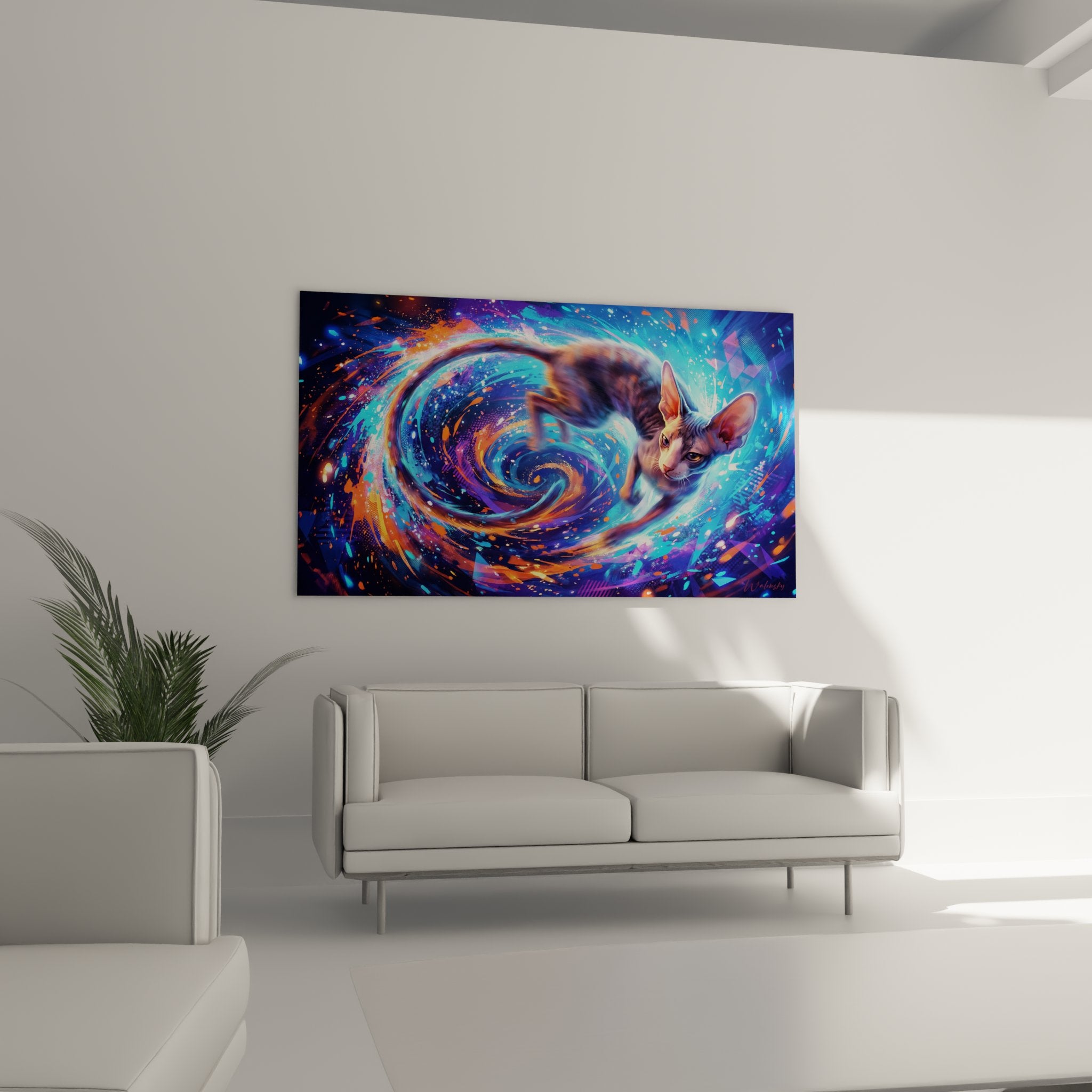 Primo piano quadro gatto Cornish Rex galattico, dettagli artistici colori vivaci blu viola arancione turchese