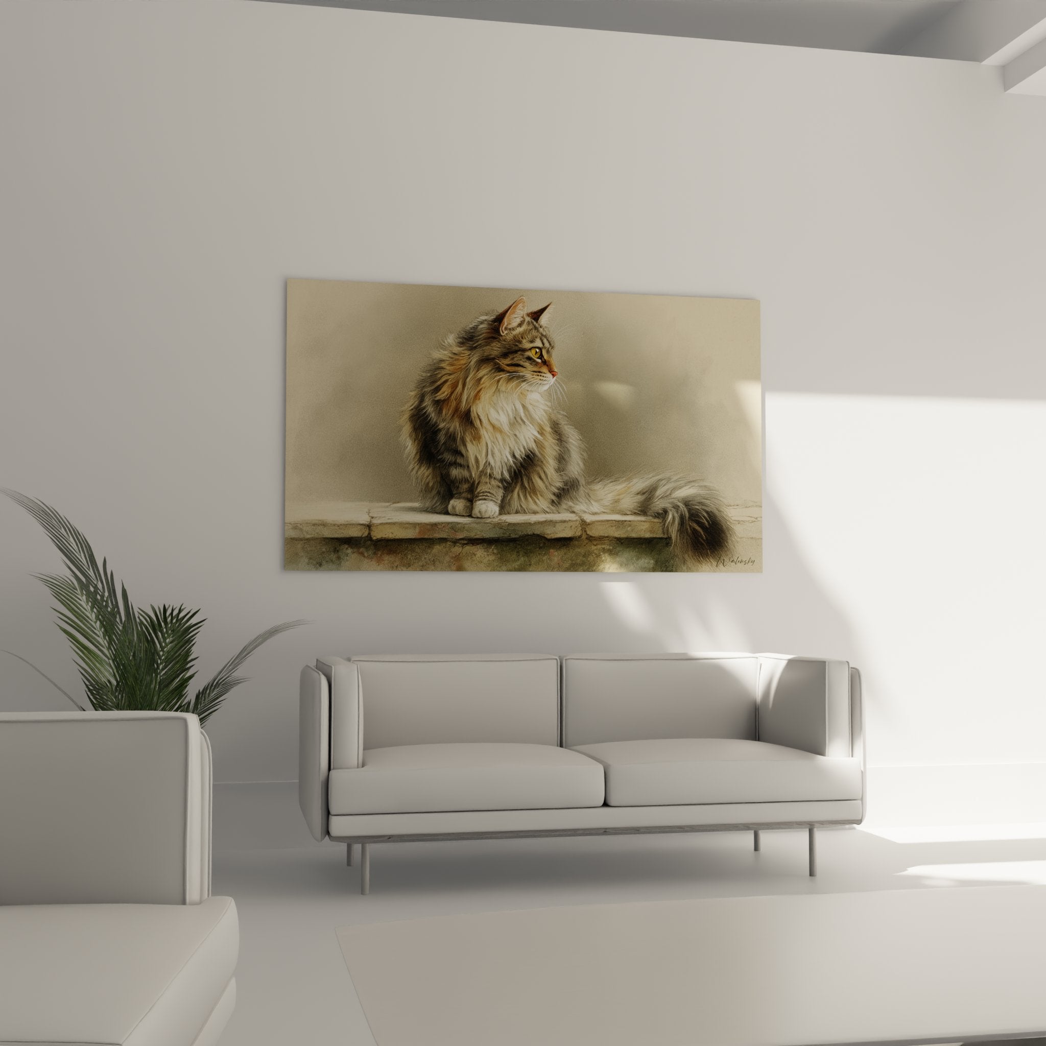 Artistic detail of the piercing golden gaze of the Siberian cat, high-quality realistic painting for feline art enthusiasts