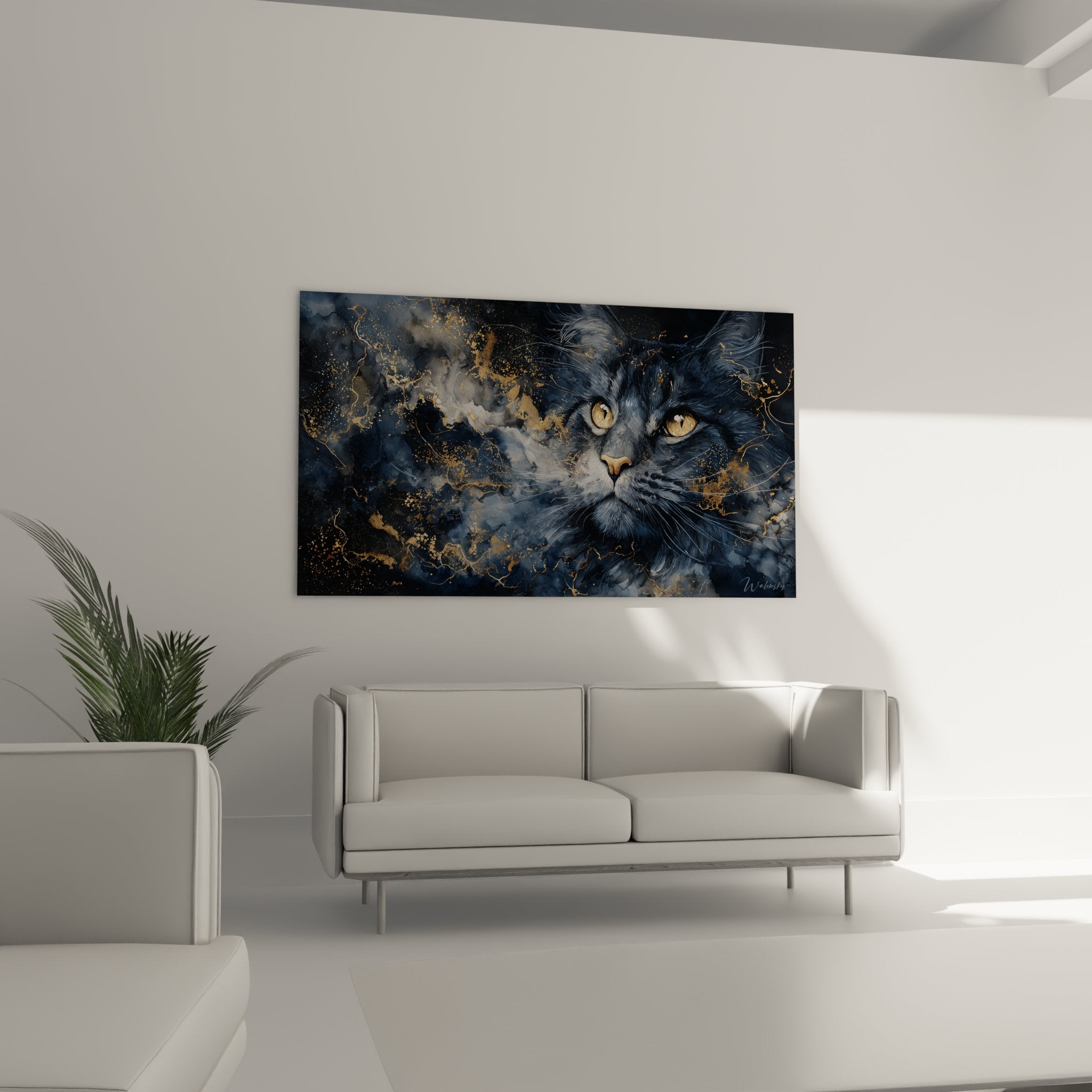 Nahaufnahme des Maine-Coon-Gemäldes, goldene Augen und metallisch blaue kosmische Effekte