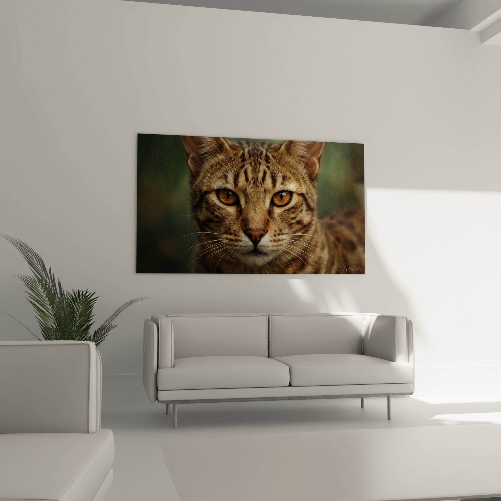 Gros plan tableau chat Ocicat montrant détails hyperréalistes yeux dorés et marques tabby, art animalier premium
