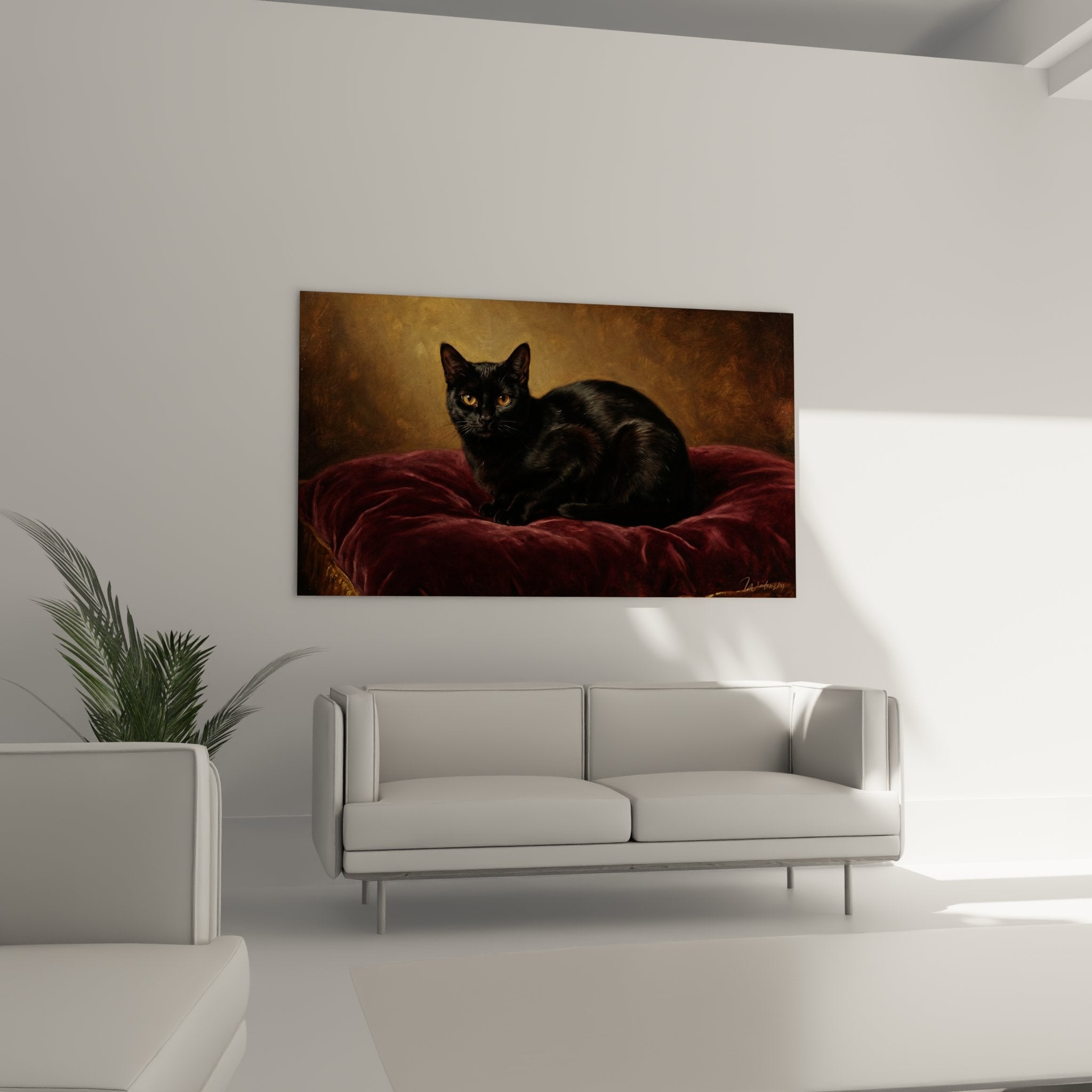 Detail tableau chat noir yeux ambre dores pelage ebene texture velours bordeaux art animalier