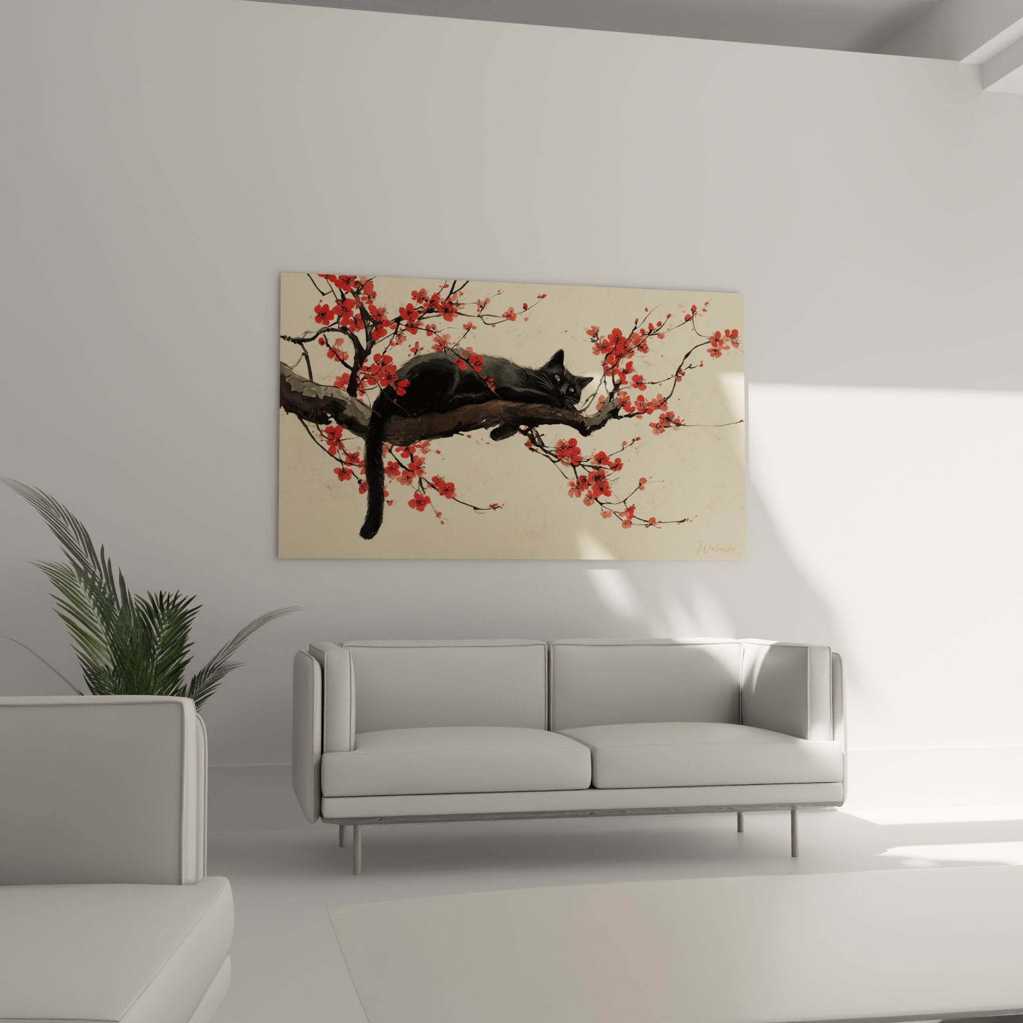 Gros plan chat Bombay noir yeux perçants branche fleurie prunier rose peinture style japonais