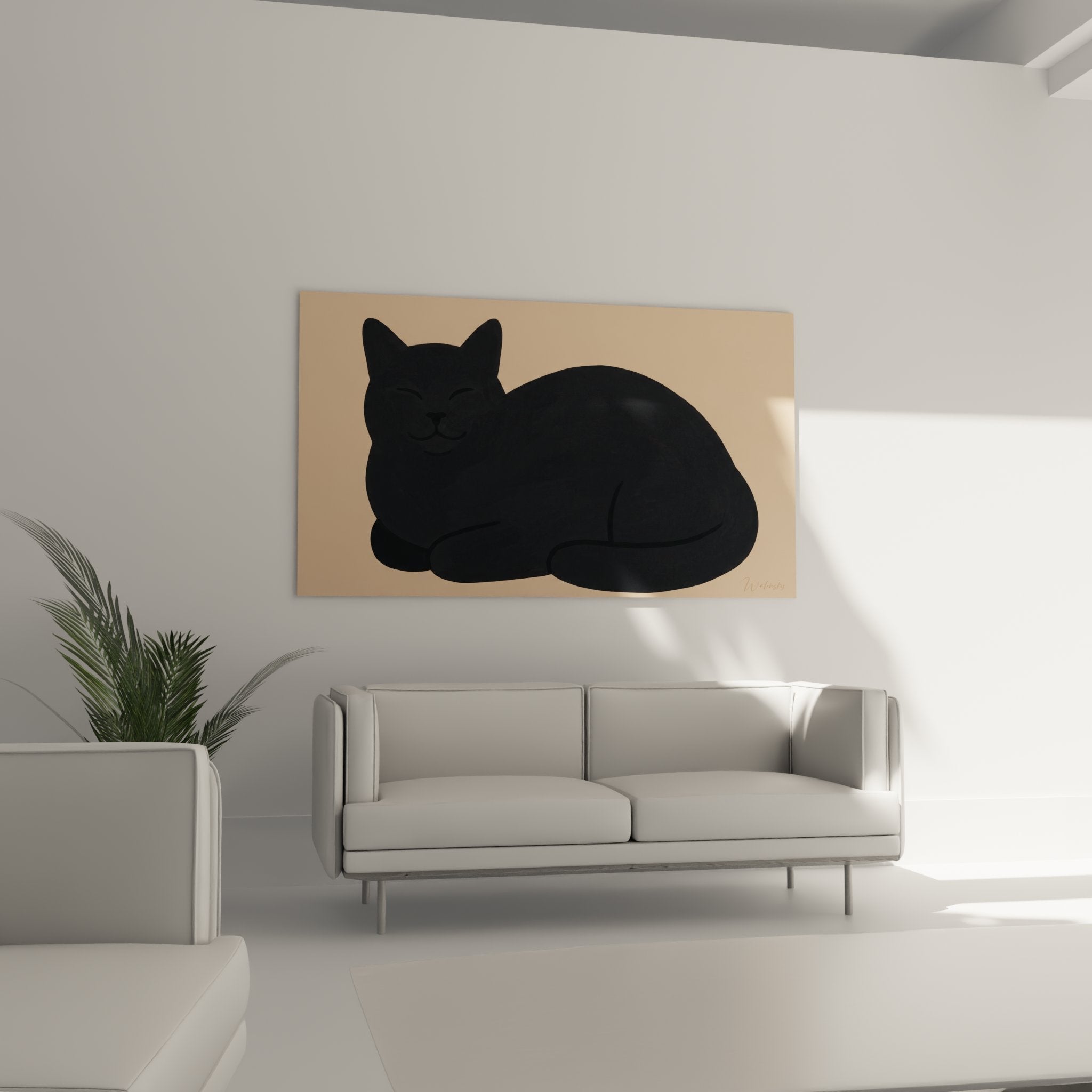 Gros plan sur tableau chat noir - détails artistiques des formes arrondies et palette de couleurs douce