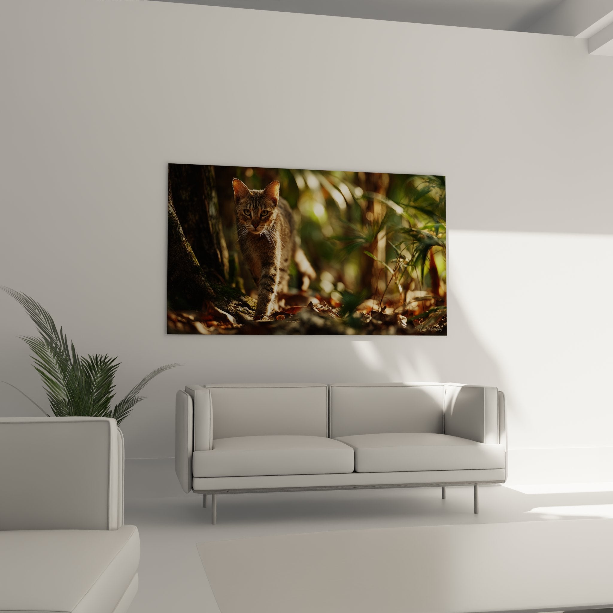 Détail tableau chat Sokoke, gros plan sur pelage tigré et yeux verts, qualité impression haute définition