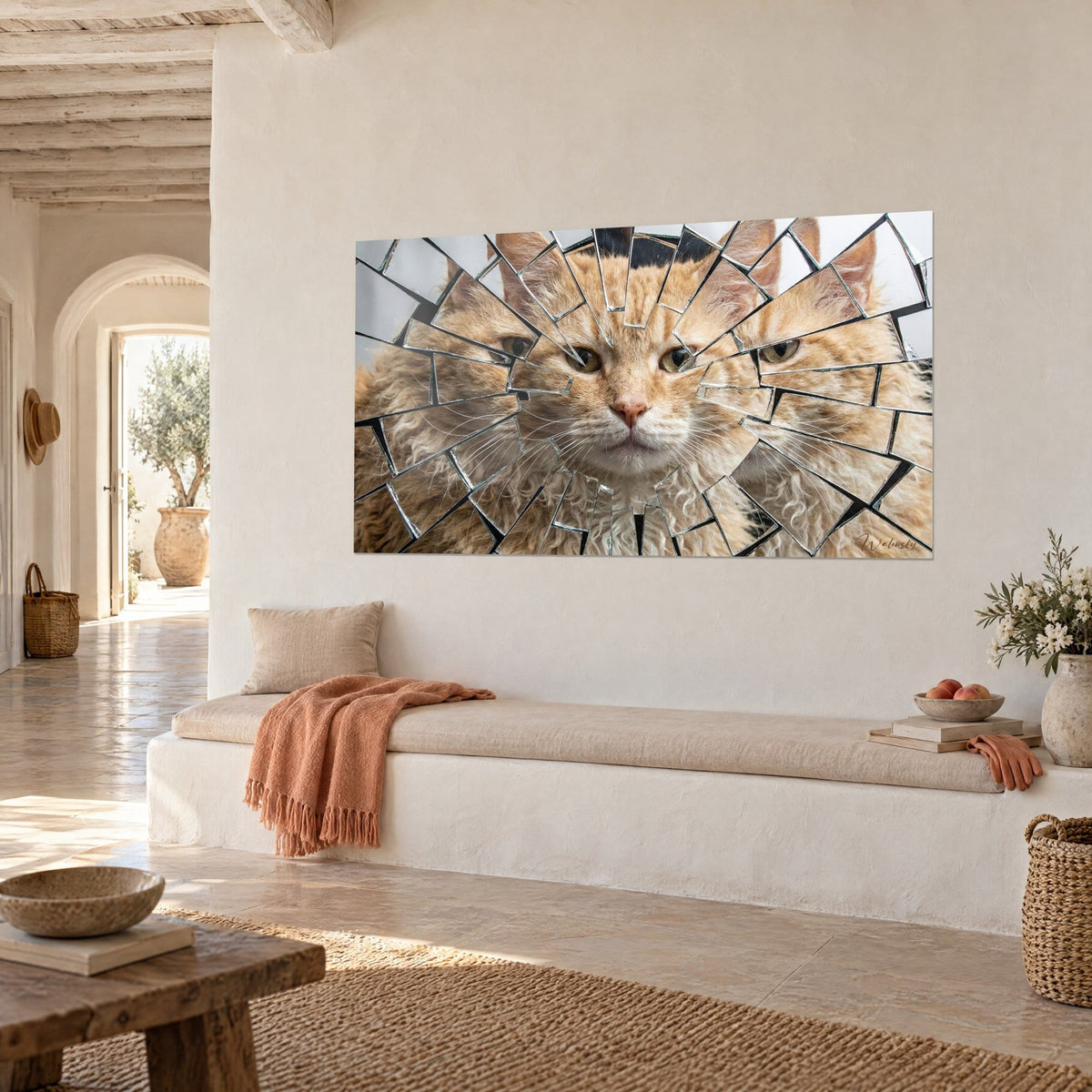 Quadro felino Laperm crema e arancio frammentato in schegge di specchio argentate, muro imbiancato, casa mediterranea