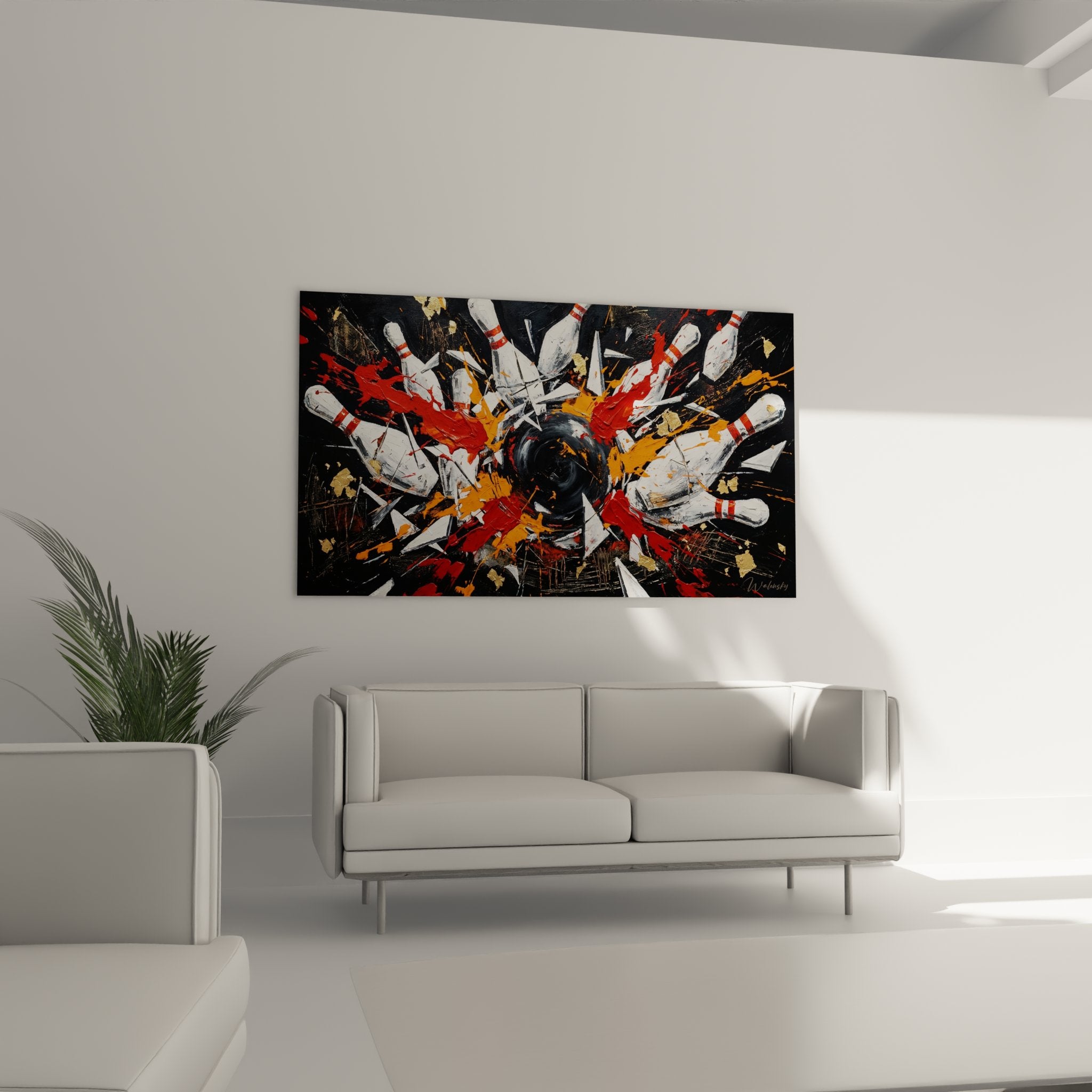 Close-up detail of bowling painting showing paint texture and white pins with explosive red stripes