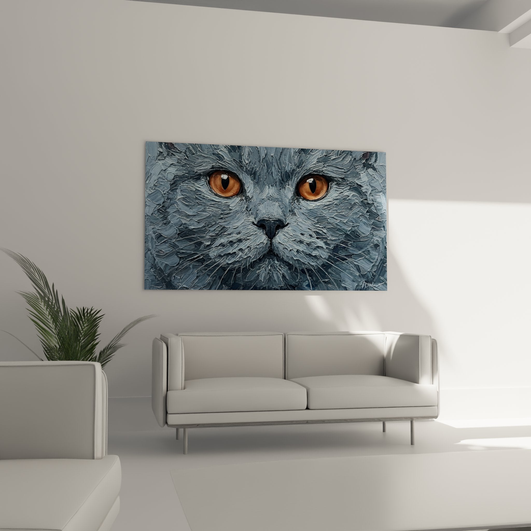 Dettaglio dipinto gatto British Shorthair, texture impasto, sguardo intenso occhi ambrati, arte realistica