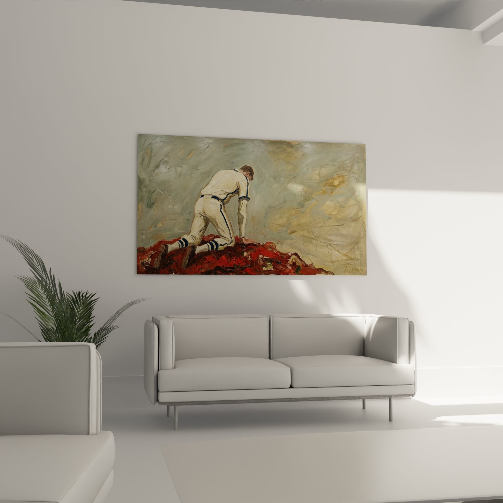 Détail peinture baseball montrant technique pinceau et texture uniforme blanc joueur sur terre battue