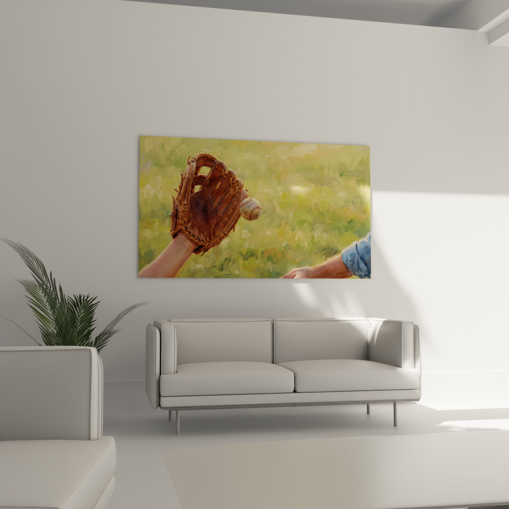 Detail rapproche du gant de baseball en cuir avec lacets et balle blanche aux coutures rouges peint a l huile