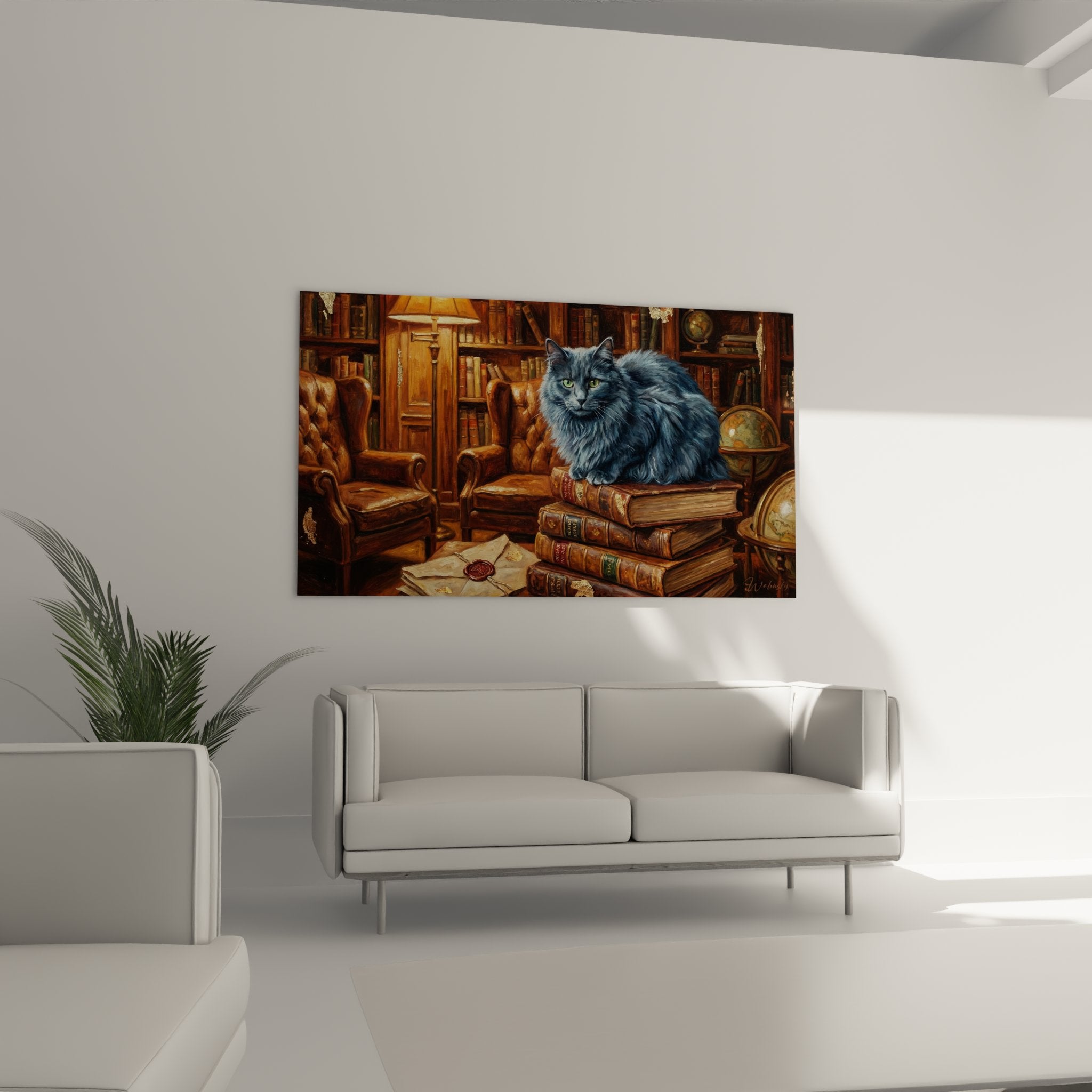 Nahaufnahme einer Nebelung-Katze mit seidigem blaugrauem Fell und durchdringenden grünen Augen auf antiken ledergbundenen Büchern