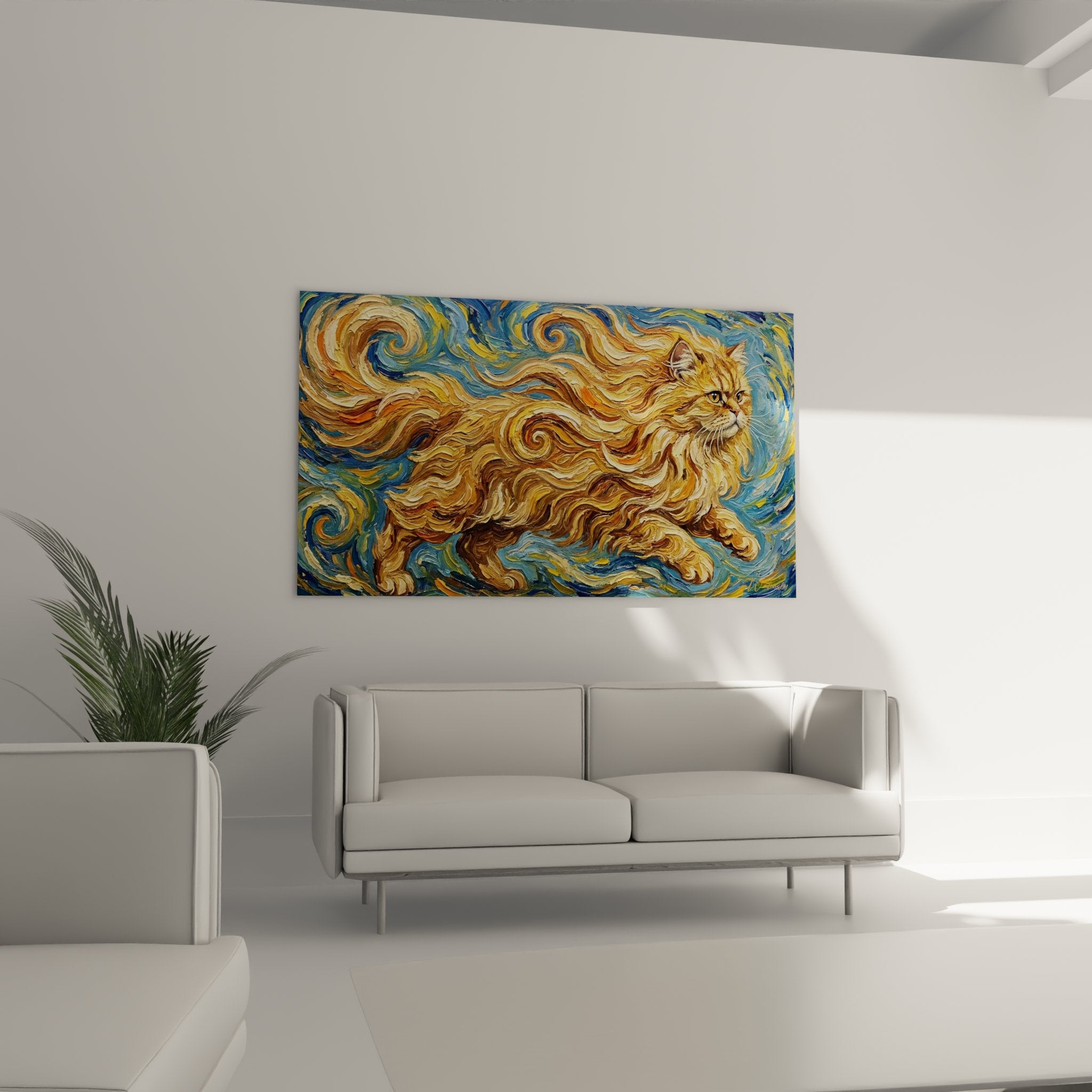 Persian cat painting detail with golden swirls, Van Gogh technique, textured fur and expressive gaze