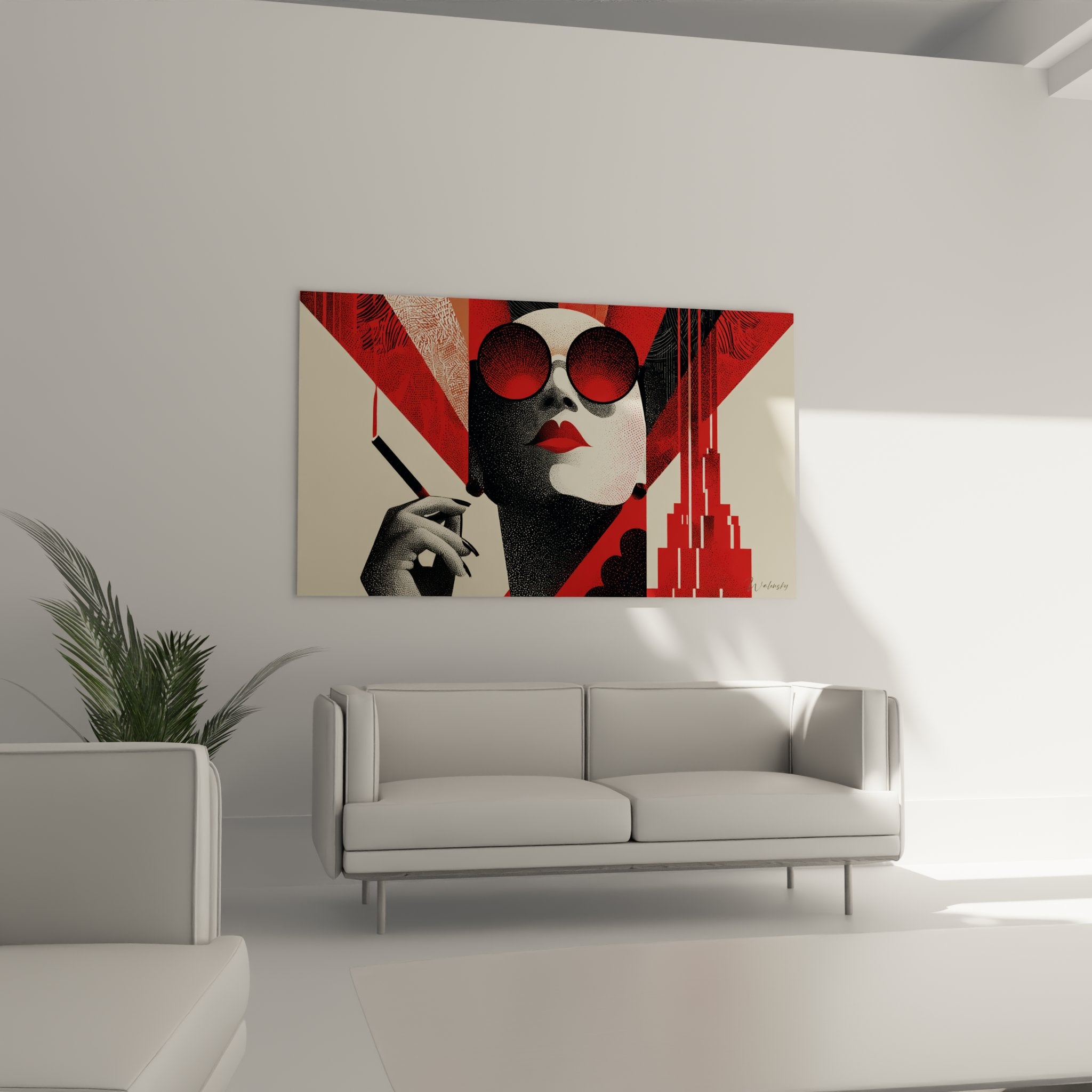 Detail tableau art deco portrait femme lunettes rouges textures pointillees style graphique vintage
