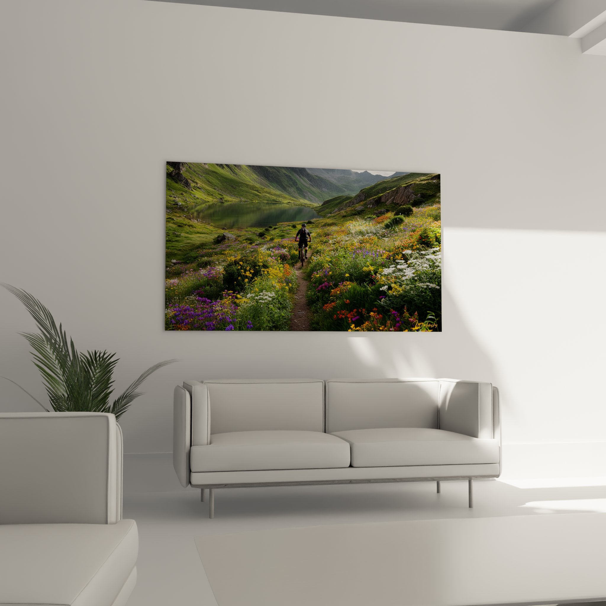 Detail tableau VTT montrant fleurs sauvages multicolores et sentier de montagne avec cycliste au loin