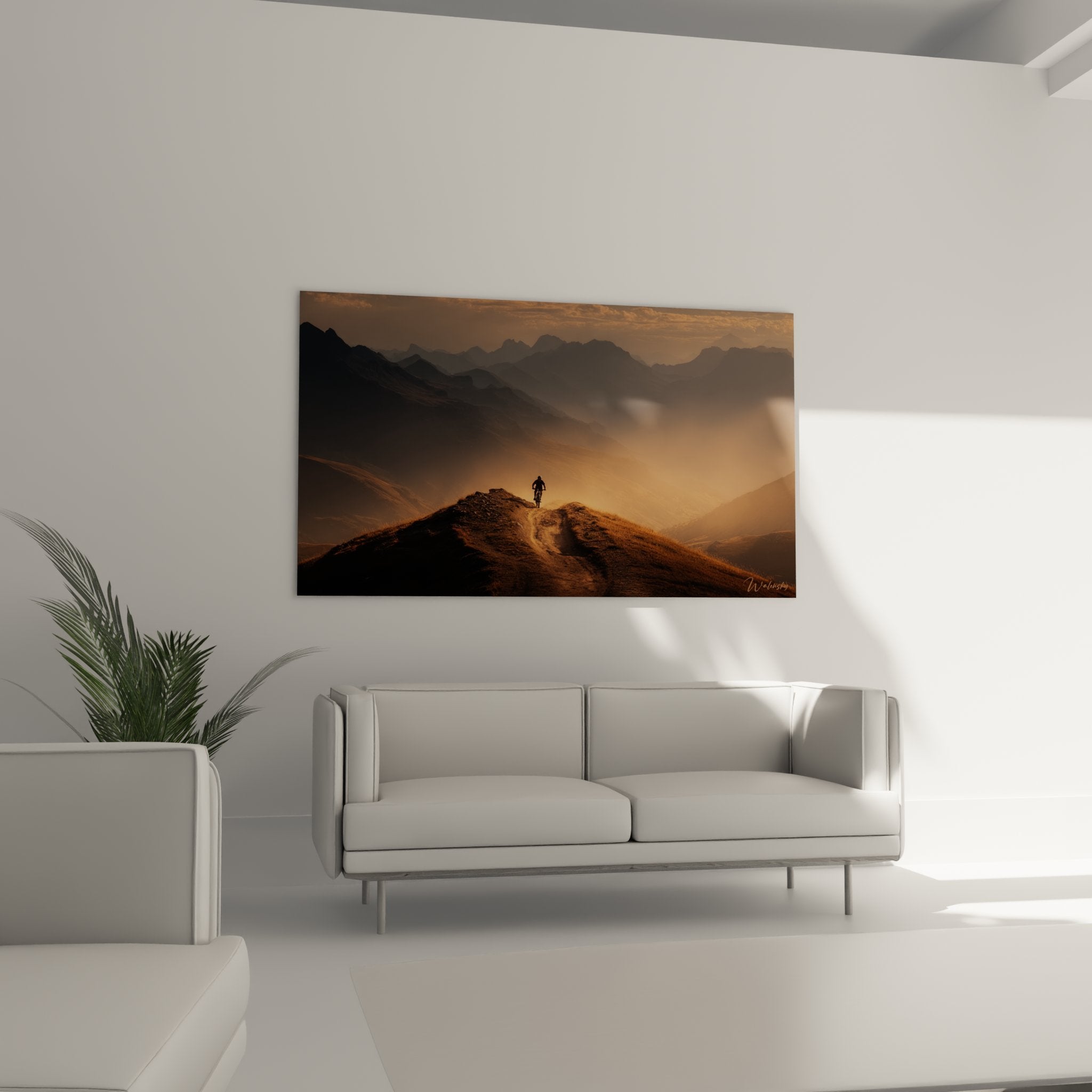 Détail tableau VTT silhouette cycliste sommet montagne textures dorées peinture sport outdoor art mural qualité premium