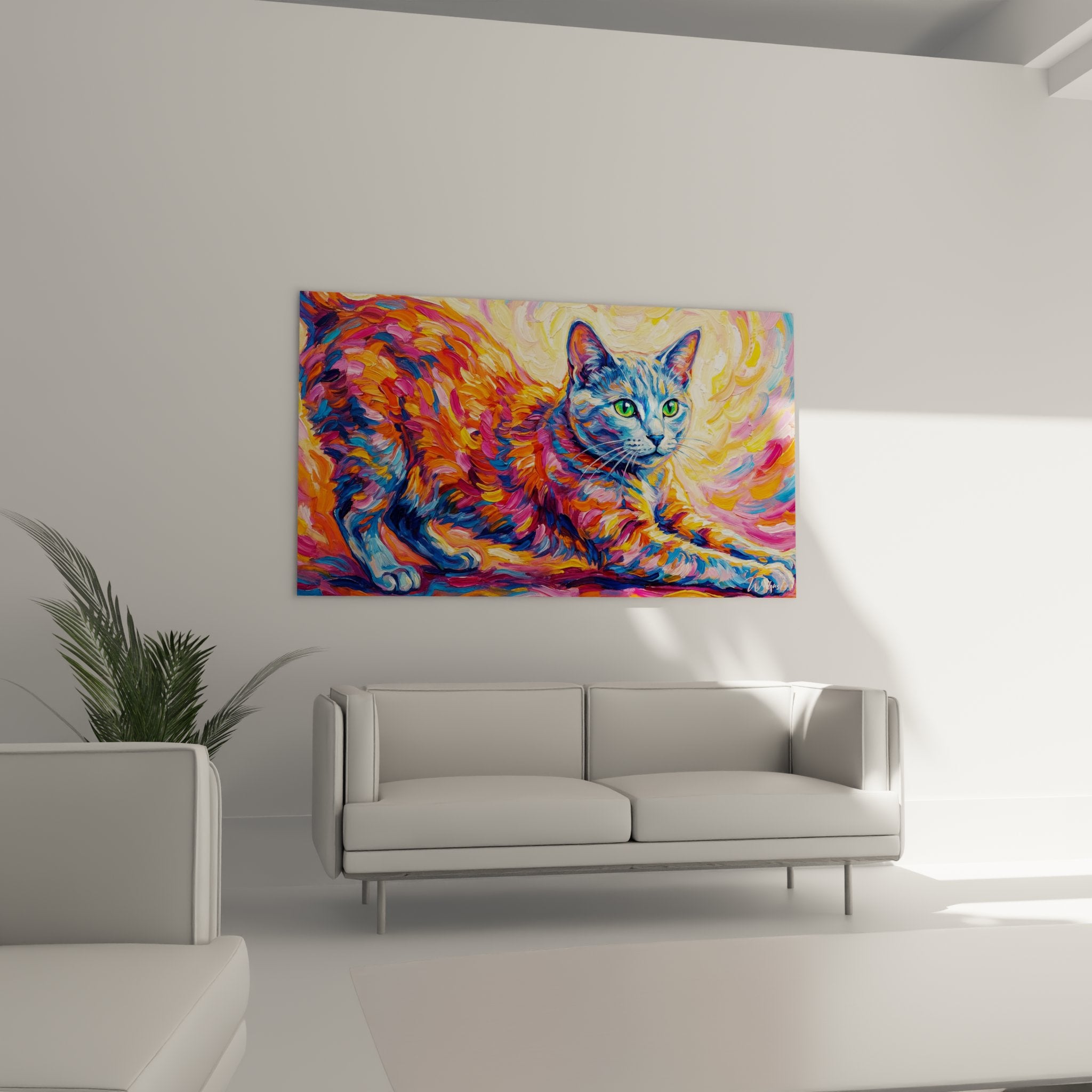 Dettaglio quadro gatto Russian Blue occhi verdi tecnica pittura espressionista colori brillanti