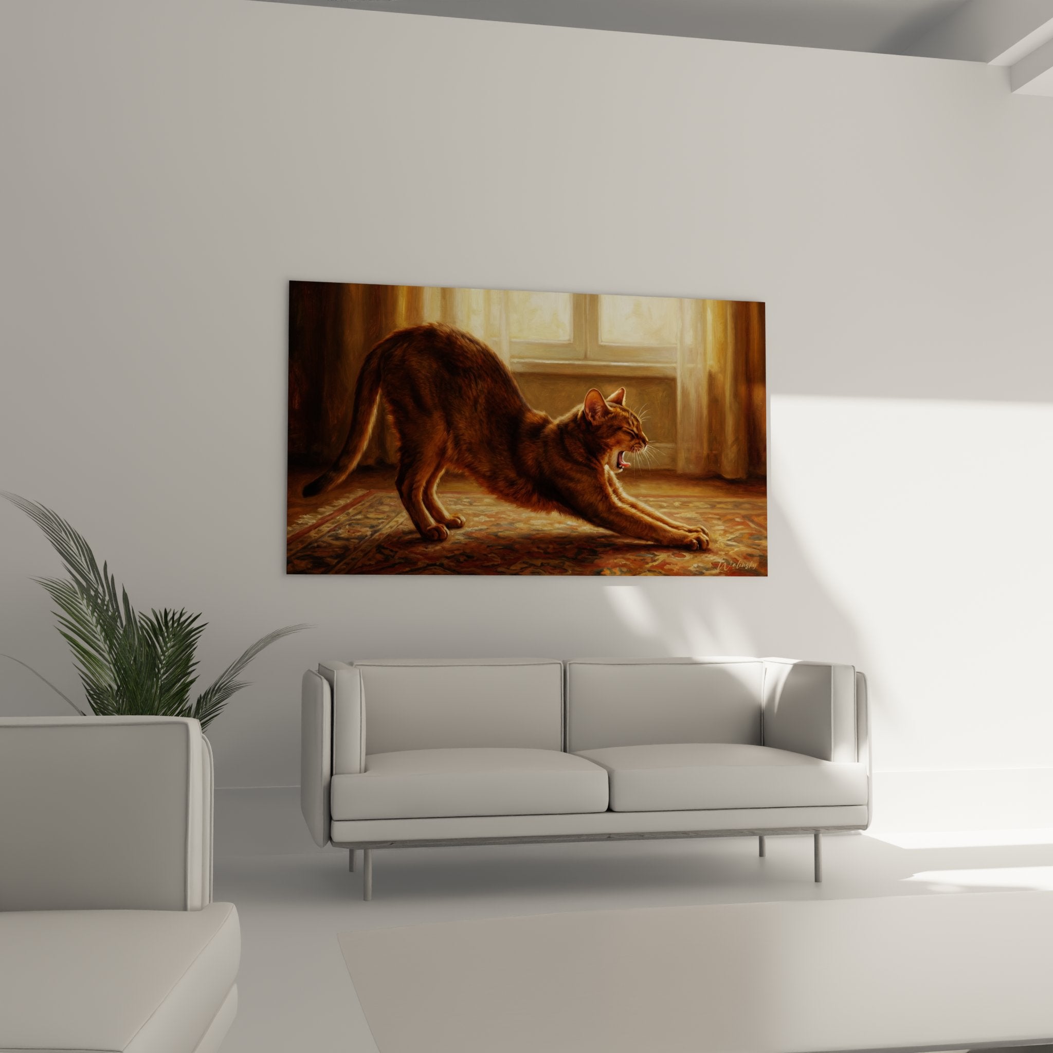 Detail of the artwork showcasing the copper tones of an Abyssinian cat's coat in a stretching position