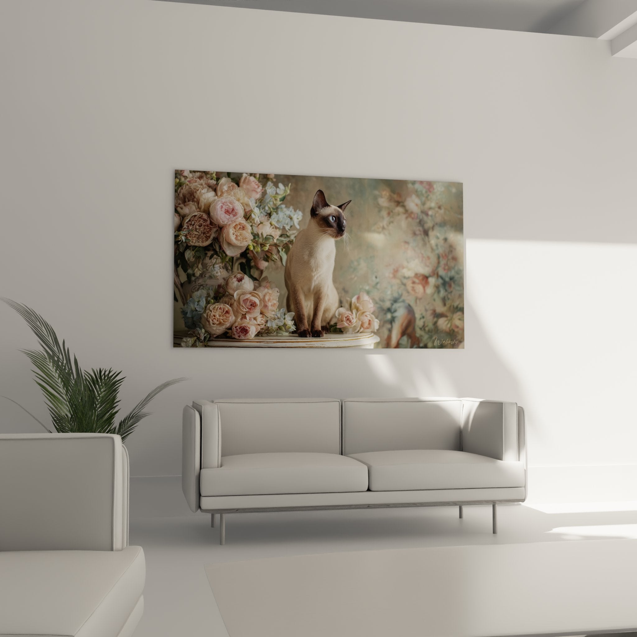 Gros plan sur chat Balinais seal point aux yeux bleus avec roses delicates en arriere-plan artistique