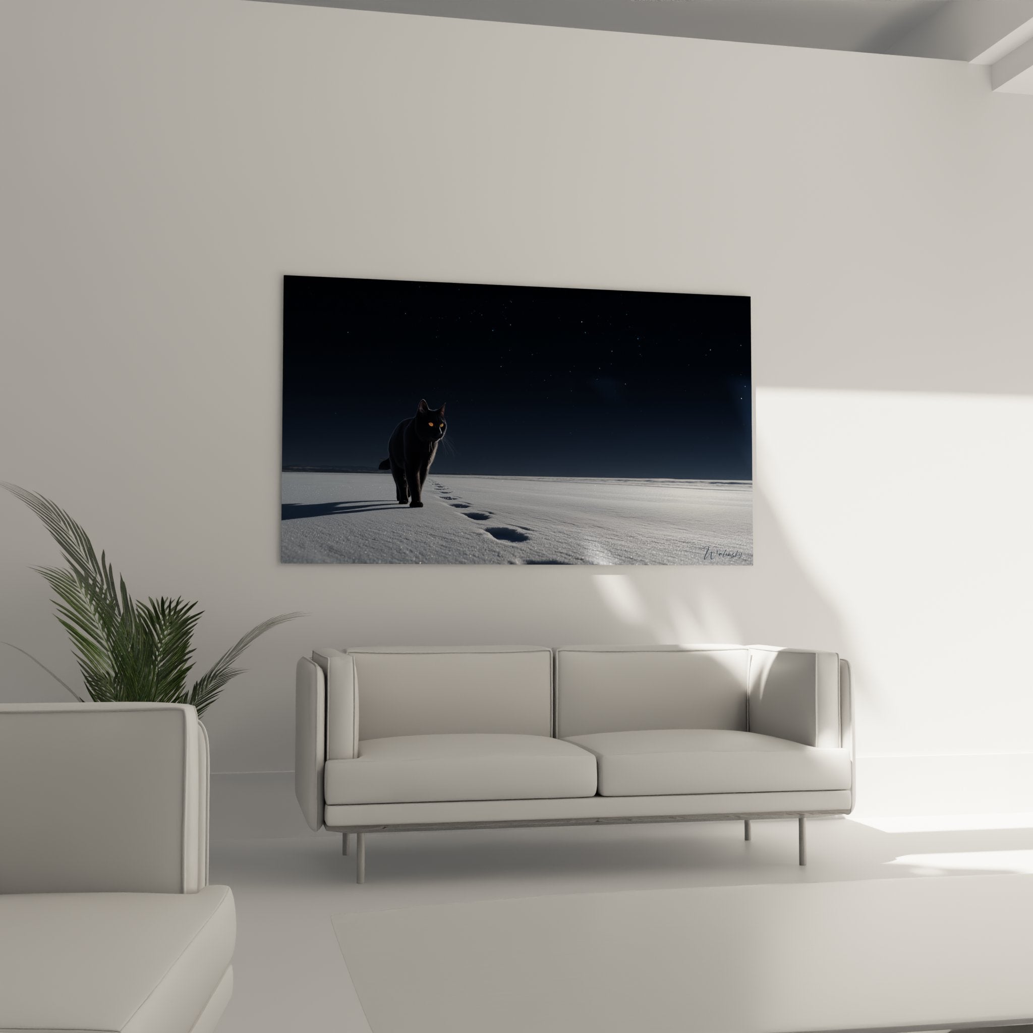 Detail tableau chat European Shorthair noir aux yeux dores, pelage realiste sur fond neige