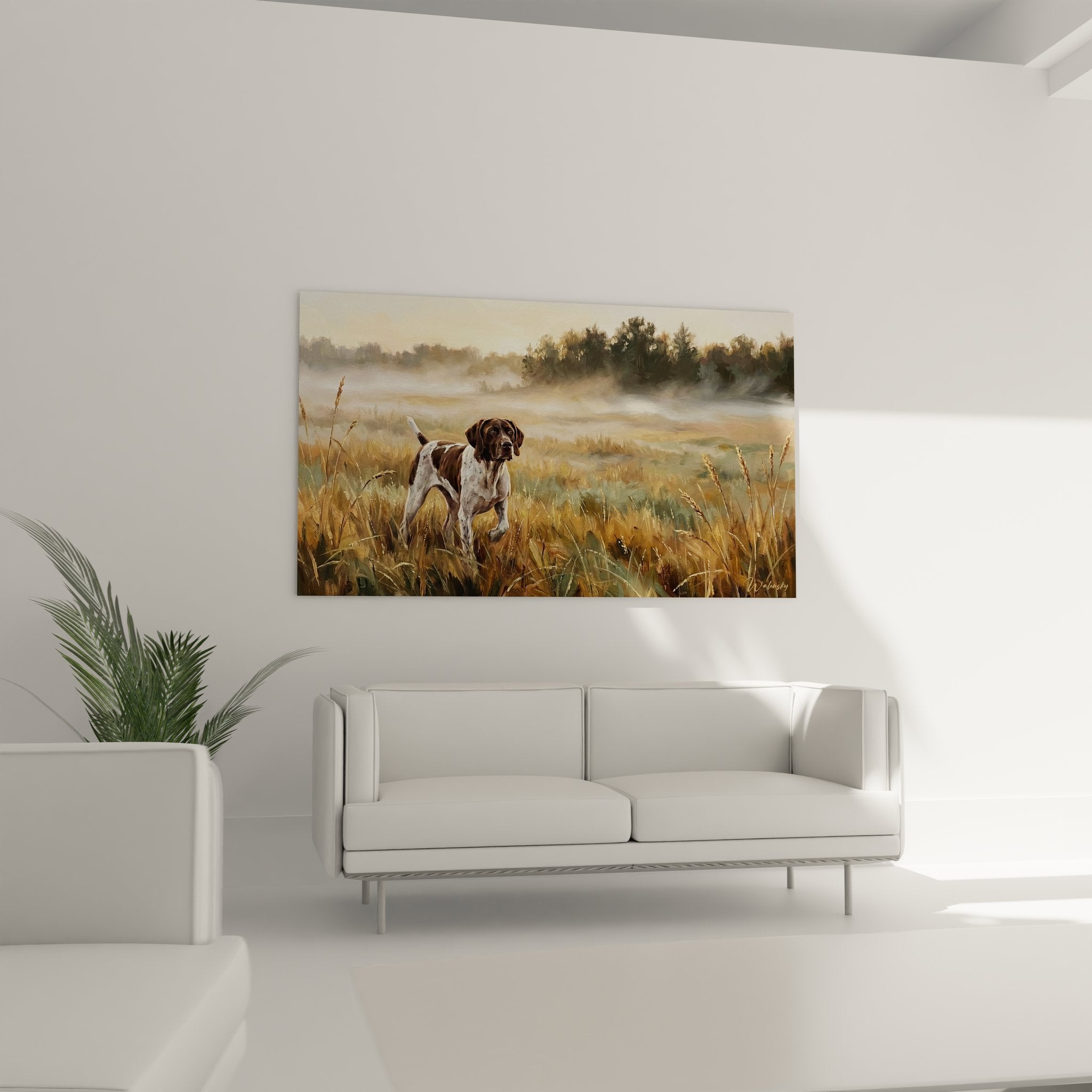 Détail rapproché tableau braque tacheté brun et blanc en arrêt, technique picturale réaliste art cynégétique