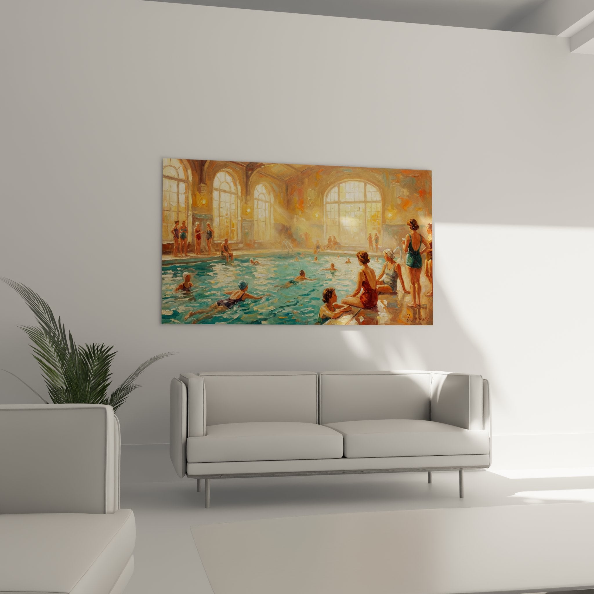 Détail tableau piscine vintage, reflets dorés sur eau turquoise, scène de natation dans bains publics anciens