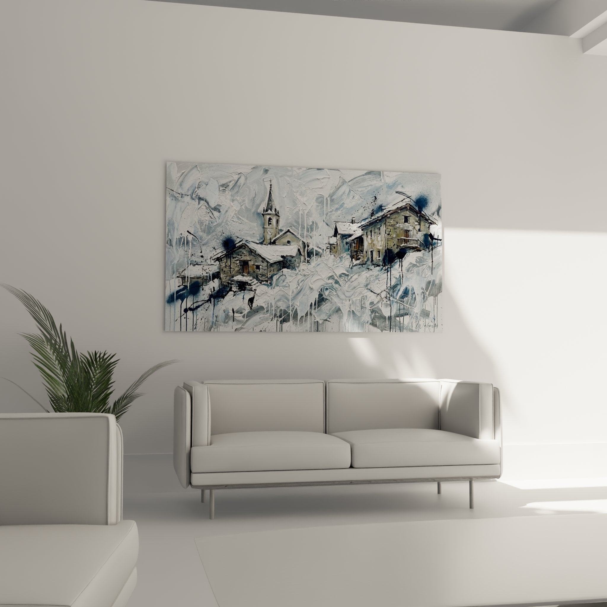 Dettaglio pittura acquerello villaggio alpino Savoia con campanile chiesa e tetti innevati