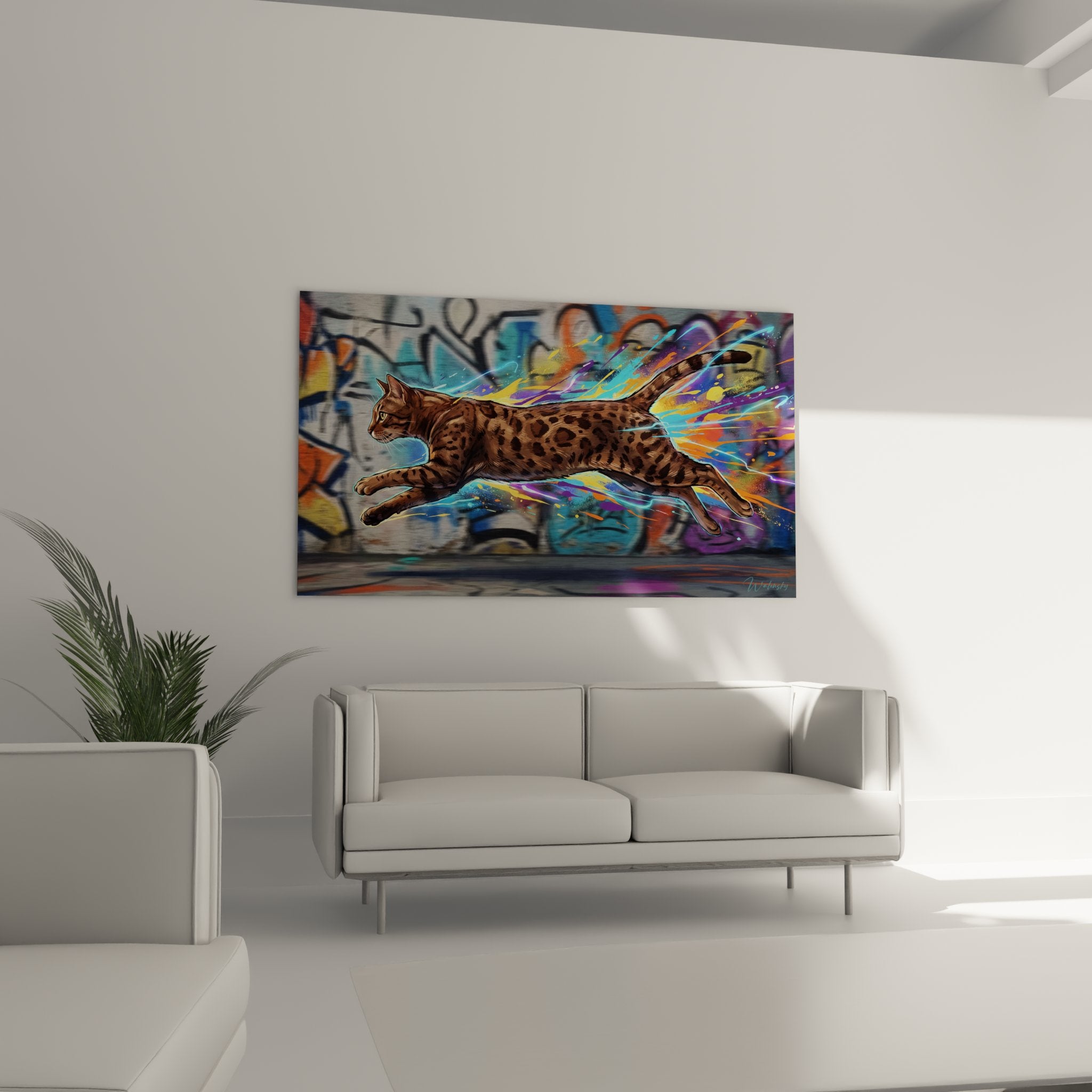 Détail tableau chat Ocicat pelage tacheté réaliste art mural moderne street art coloré