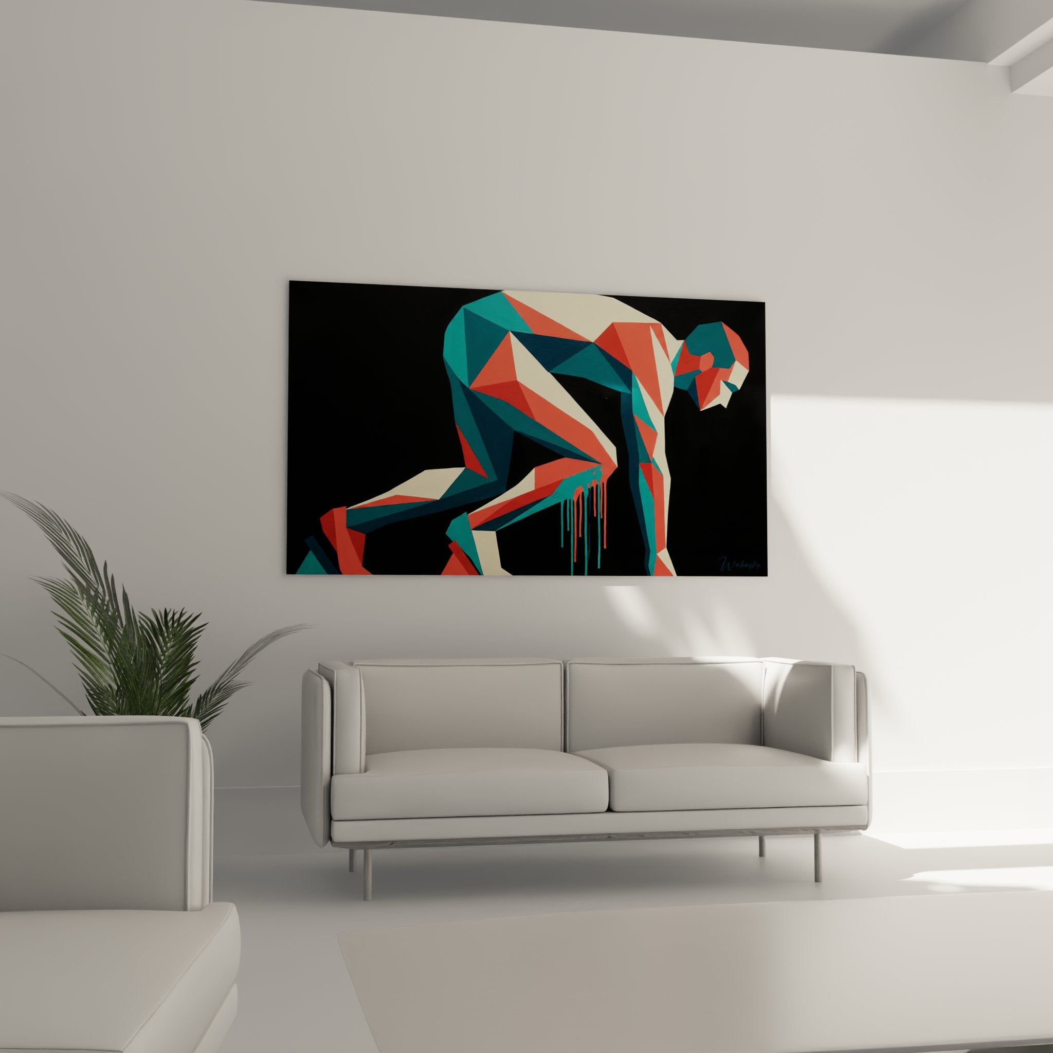 Dettaglio del quadro del corridore poligonale che mostra le sfaccettature colorate e la tecnica artistica low poly