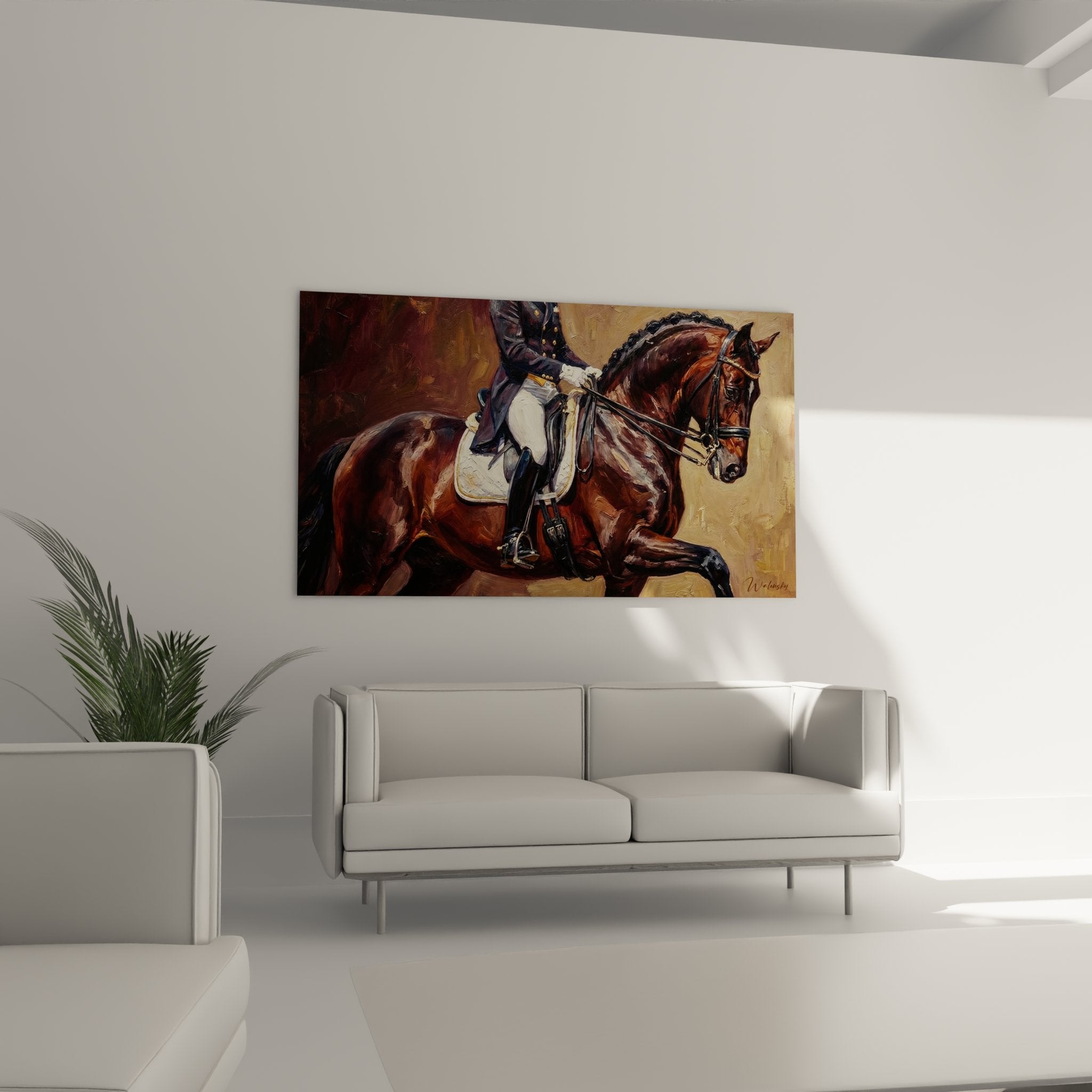 Detail of classic equestrian artwork, military rider and bay horse in artistic dressage exercise