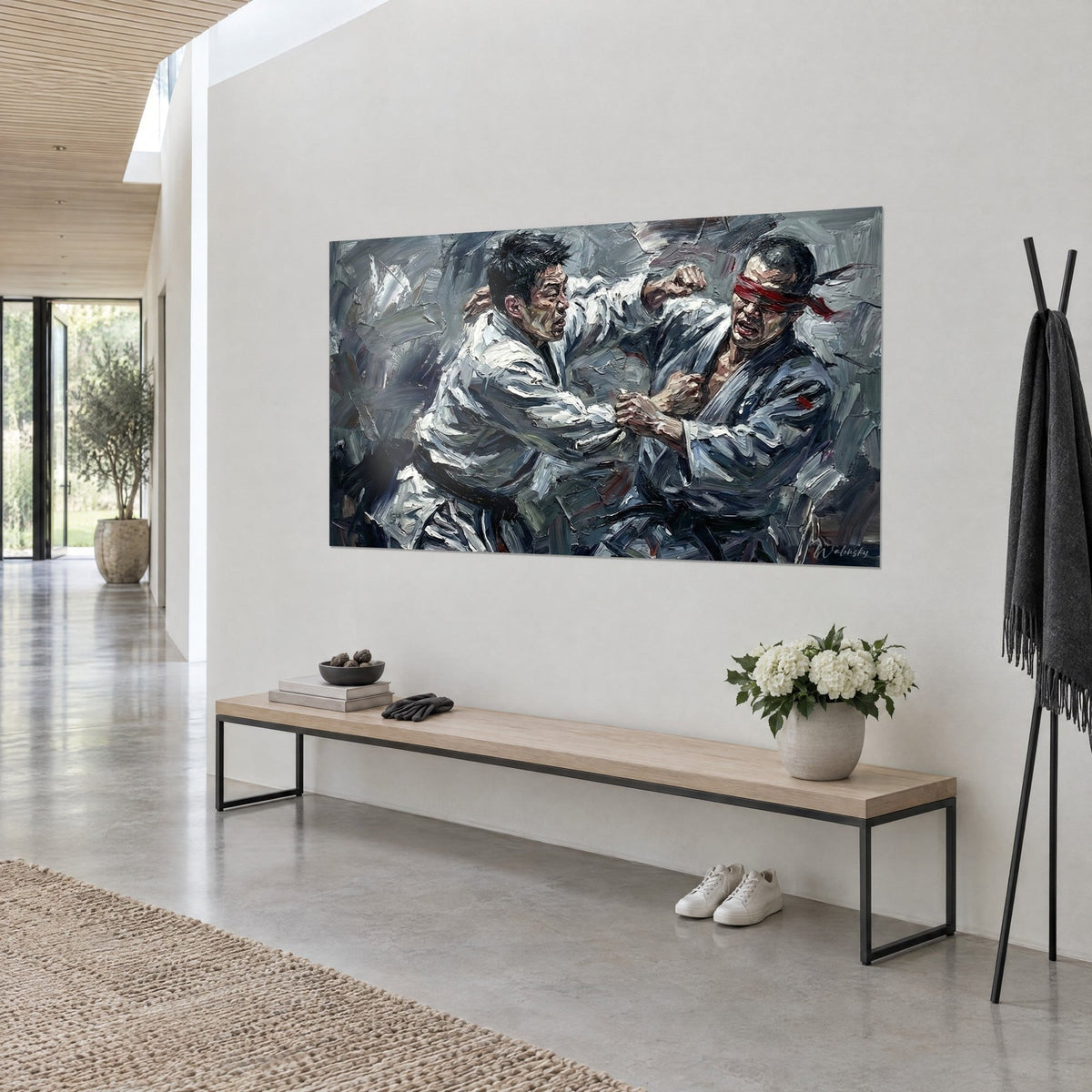 Wall art judo duel in thick impasto paint, ivory gi against charcoal gi, red headband, on a white entrance wall