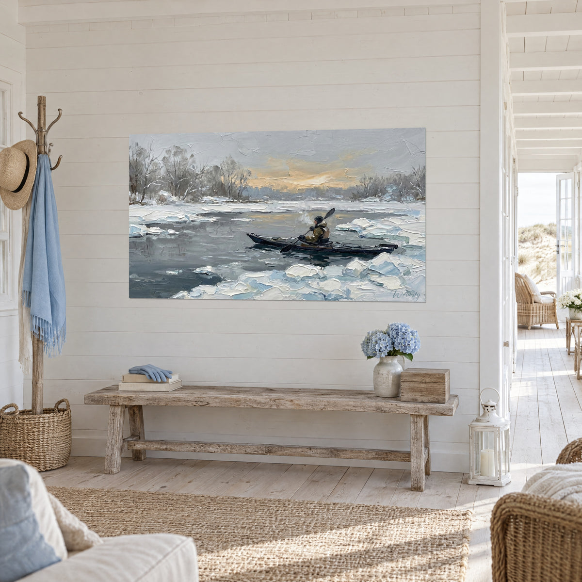 Wall art black kayak gliding over a grey frozen river, bluish ice textured with impasto and frost-covered trees, seaside house entrance