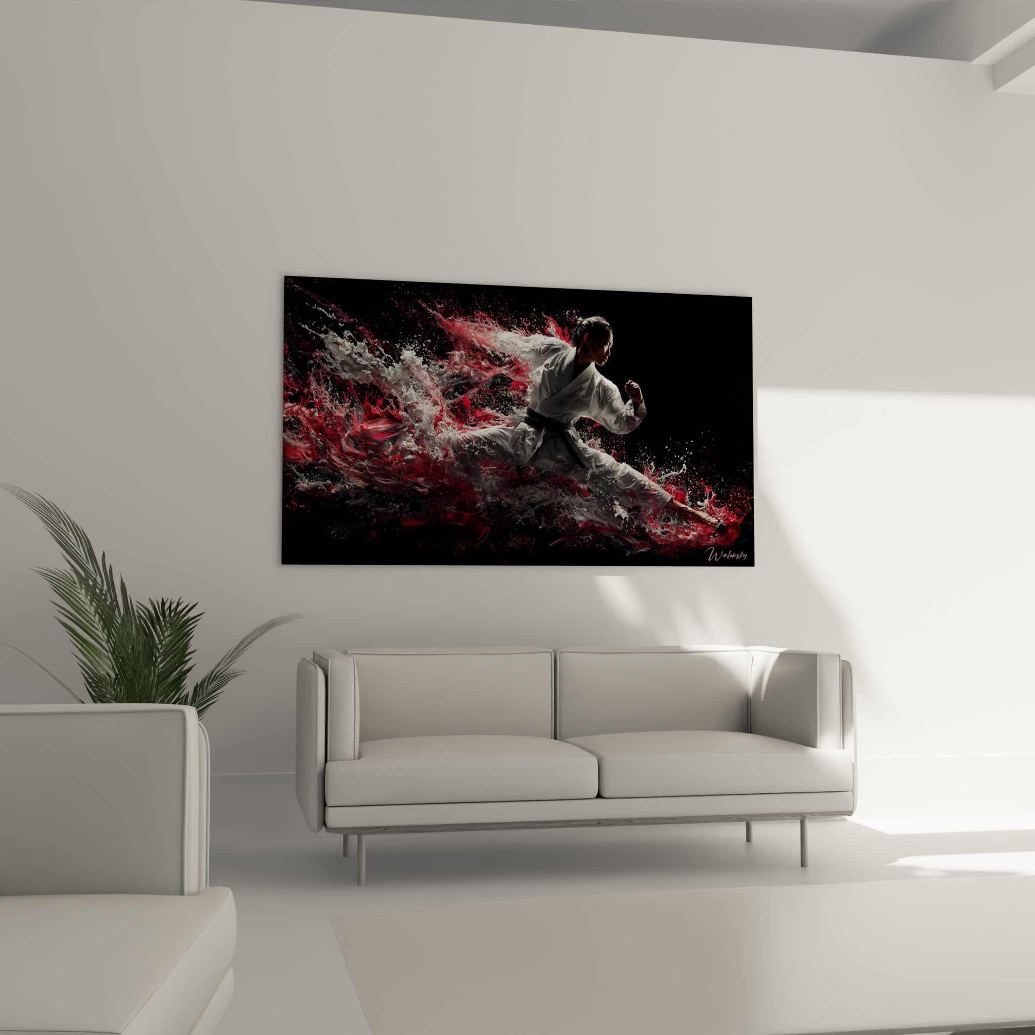 Détail tableau karaté showing texture splash couleurs rouge blanc, technique artistique mouvement martial