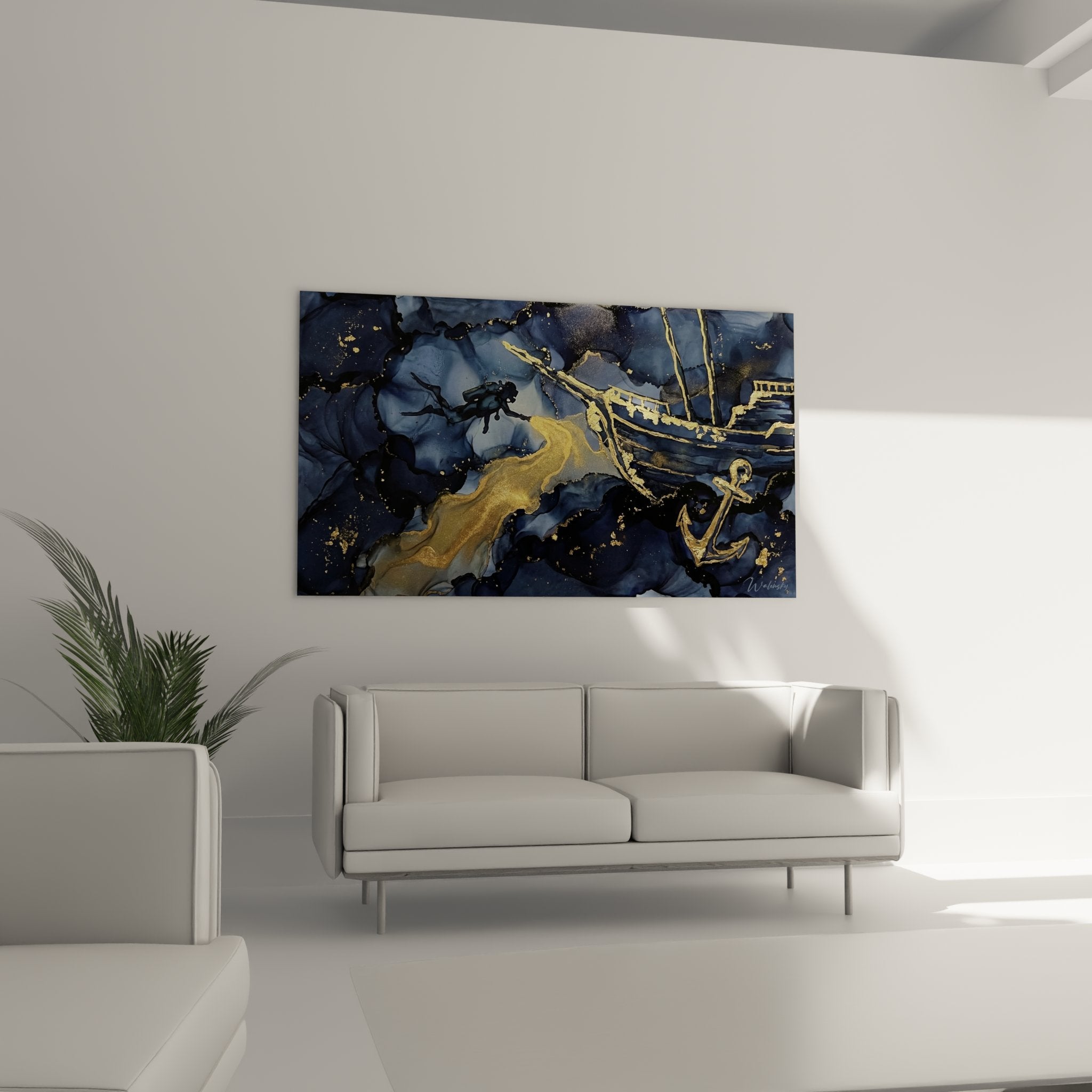 Détail rapproché tableau ancre marine dorée peinture fluide bleue art océanique plongée