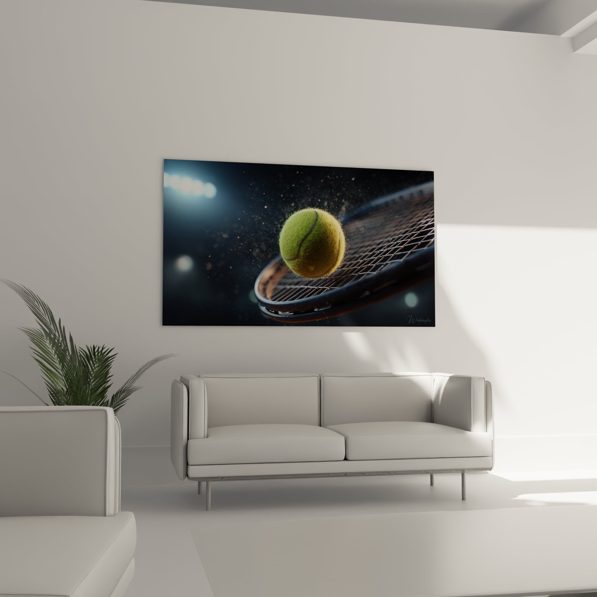 Gros plan sur balle de tennis jaune-vert avec texture detaillee et effets de lumiere artistiques