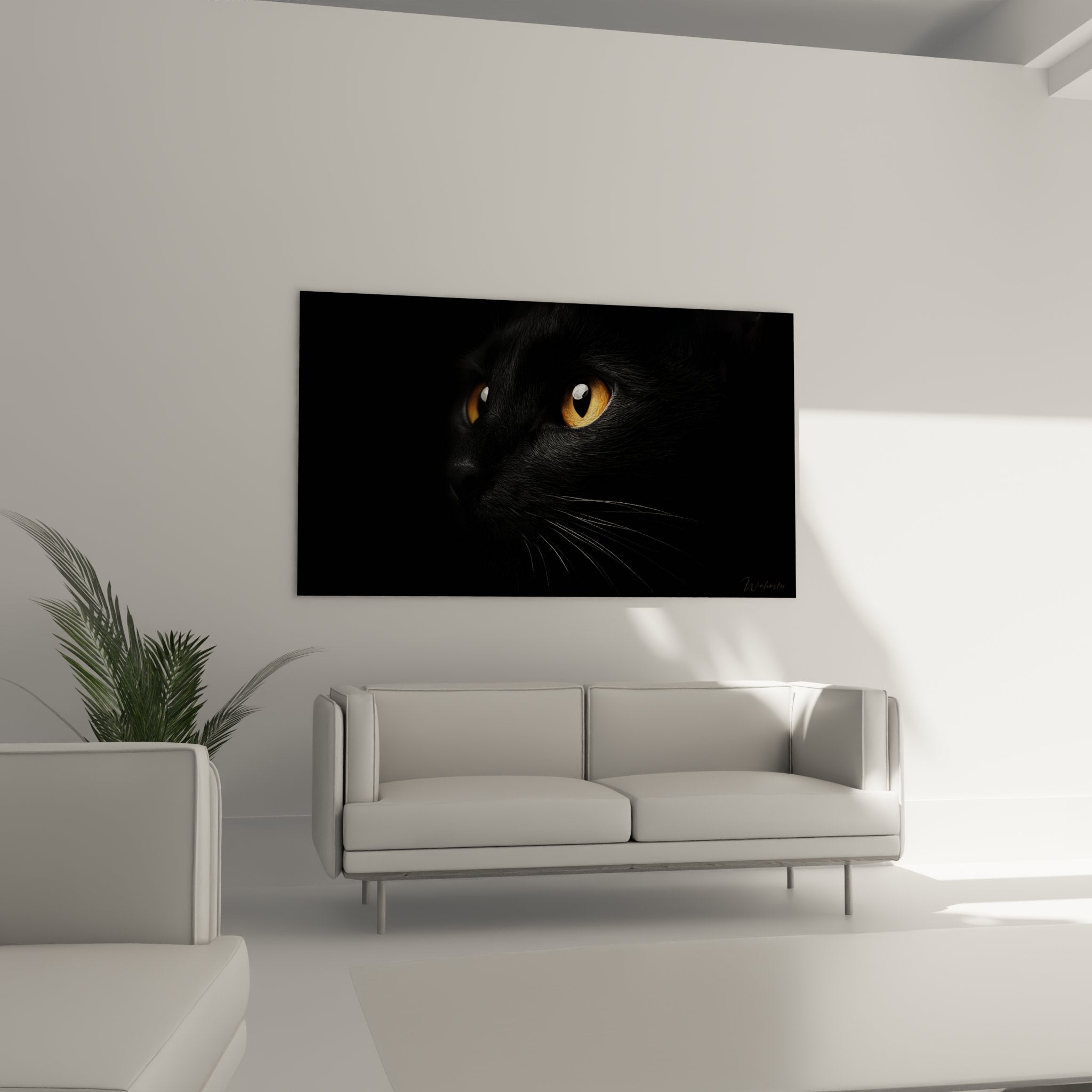 Gros plan tableau chat Bombay noir, détail yeux dorés et pelage soyeux, art réaliste