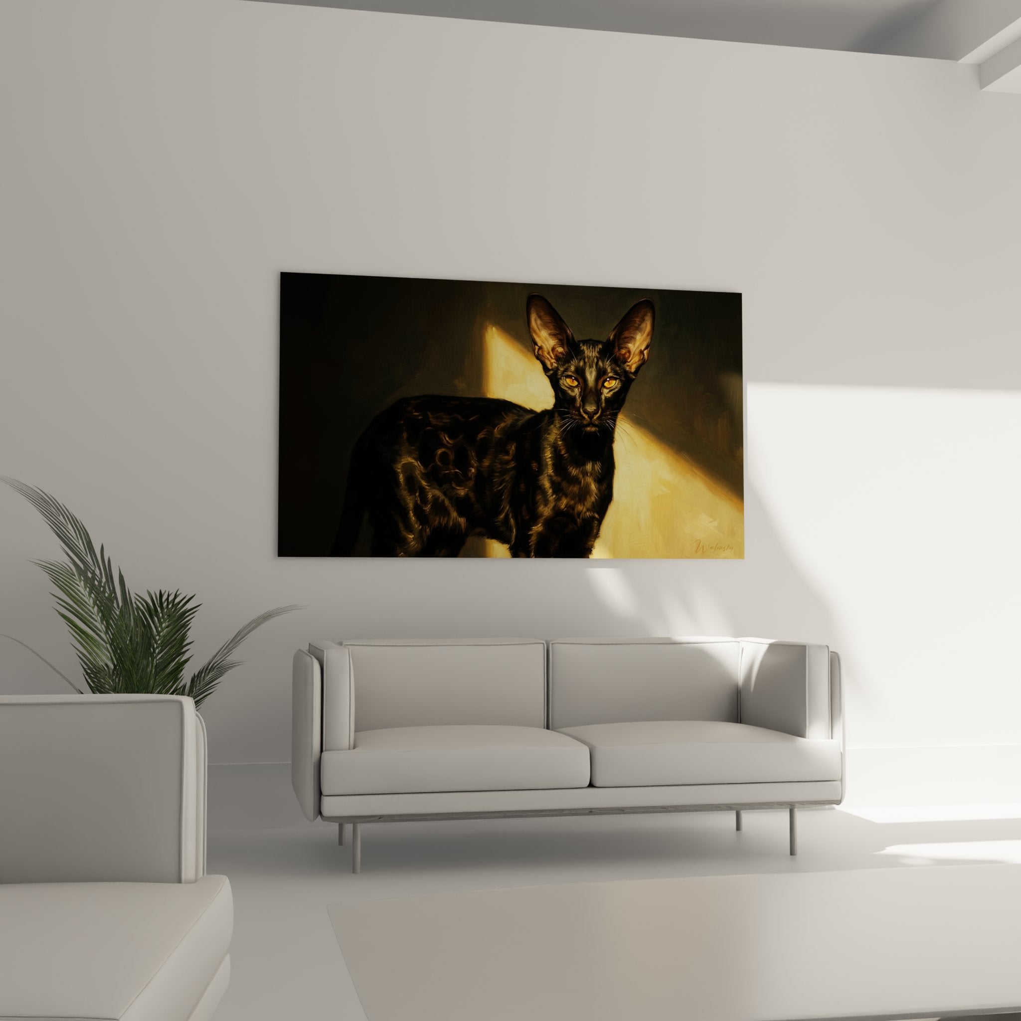 Détail artistique du regard perçant et des oreilles pointues d'un chat Chausie peint