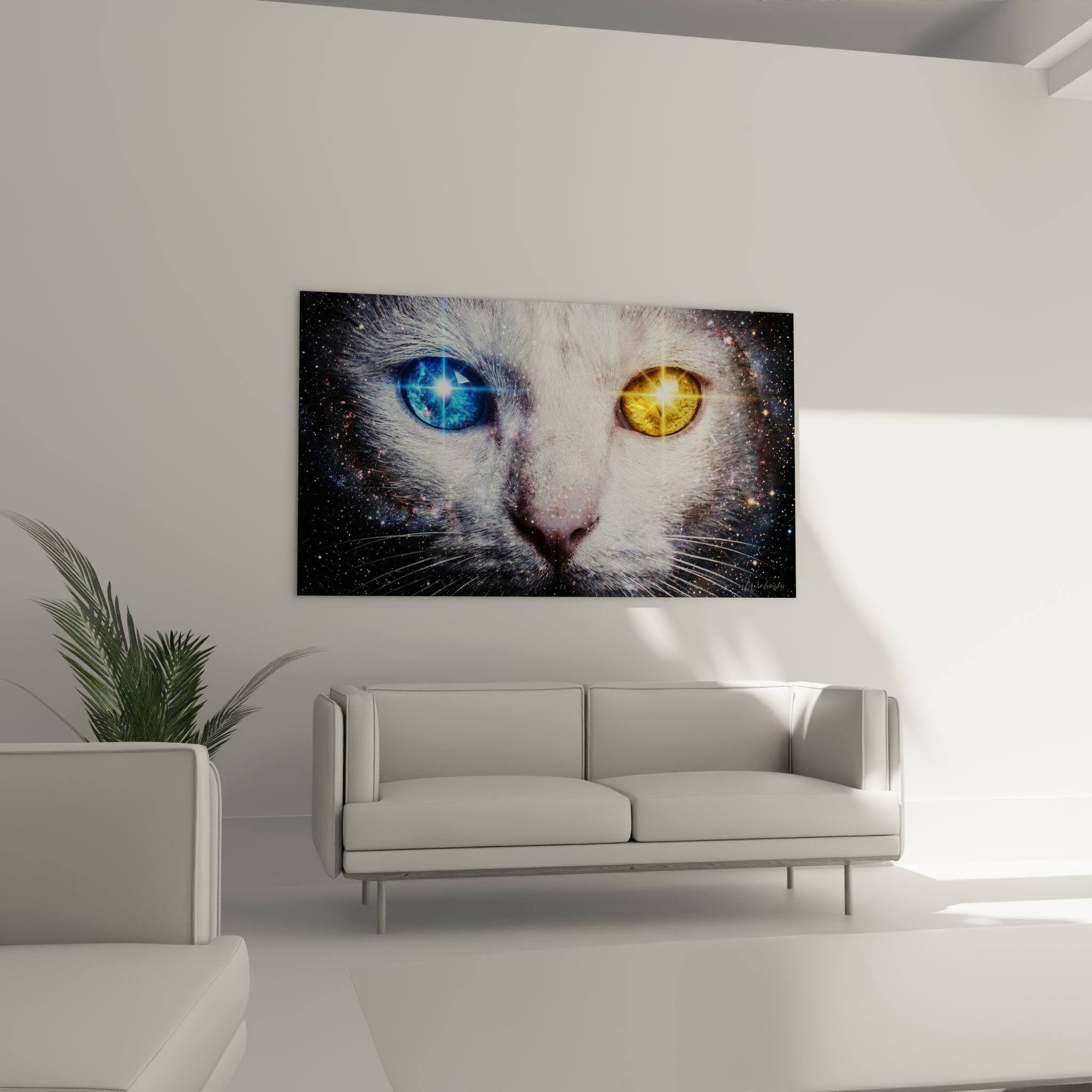 Gros plan tableau chat Khao Manee yeux heterochromes cosmiques, detail art mural felin etoile