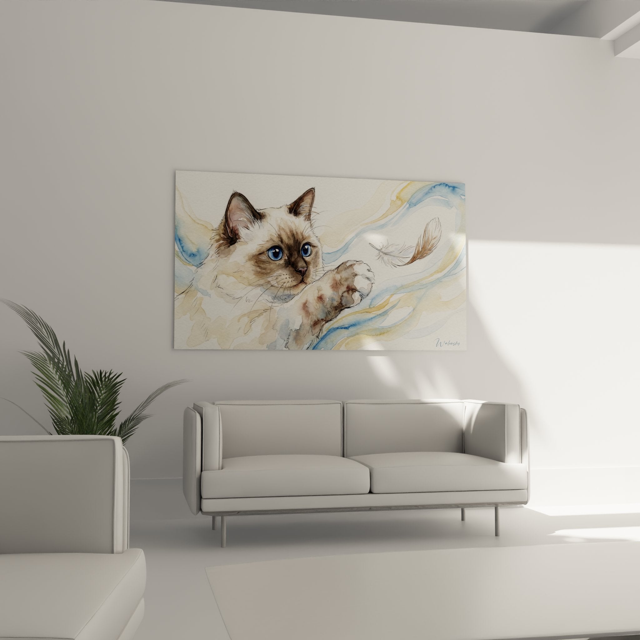 Dettaglio quadro gatto birmano acquerello, sguardo blu intenso e tecnica pittorica delicata visibile