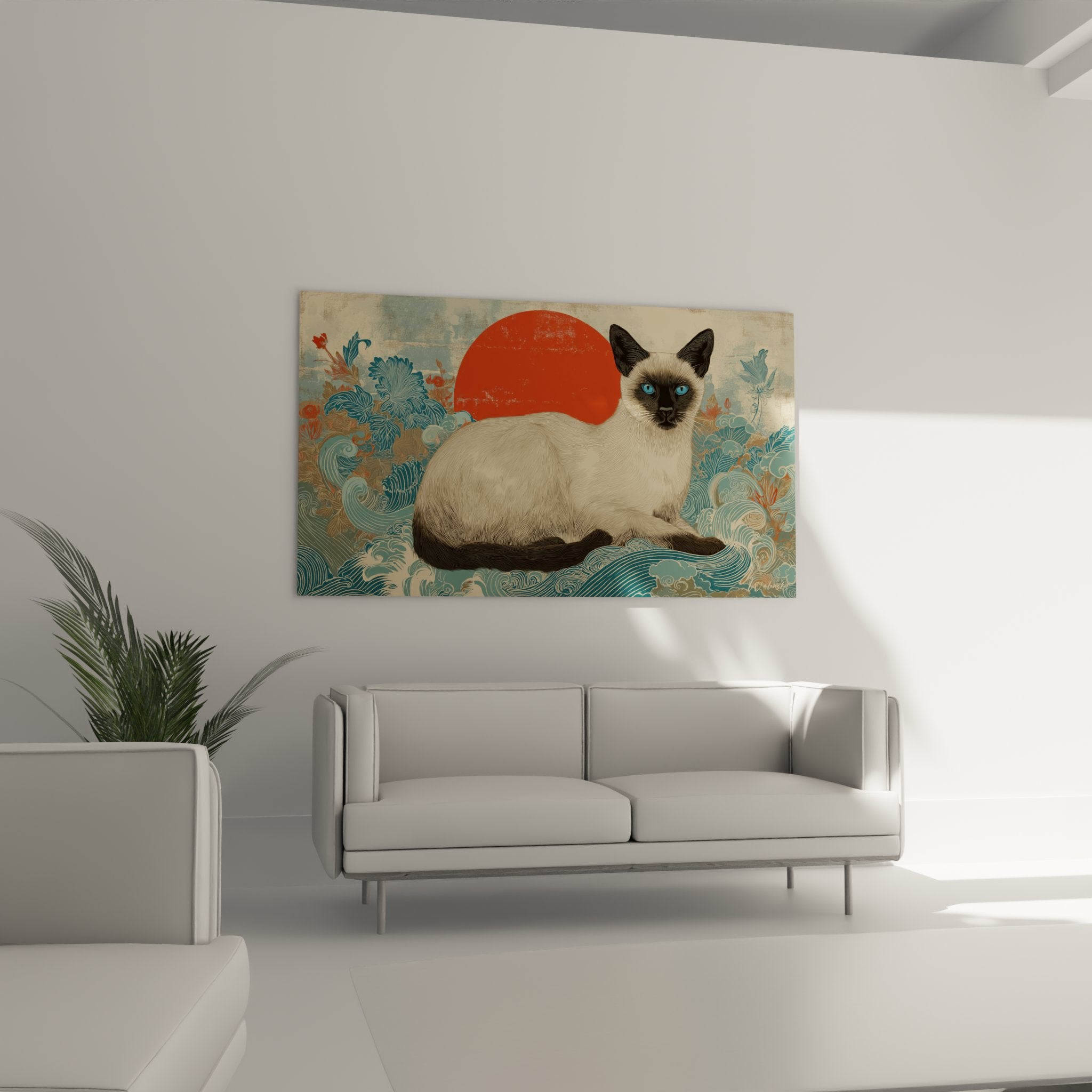 Dettaglio quadro gatto siamese mantello crema motivi floreali giapponesi onde stilizzate decorazione orientale