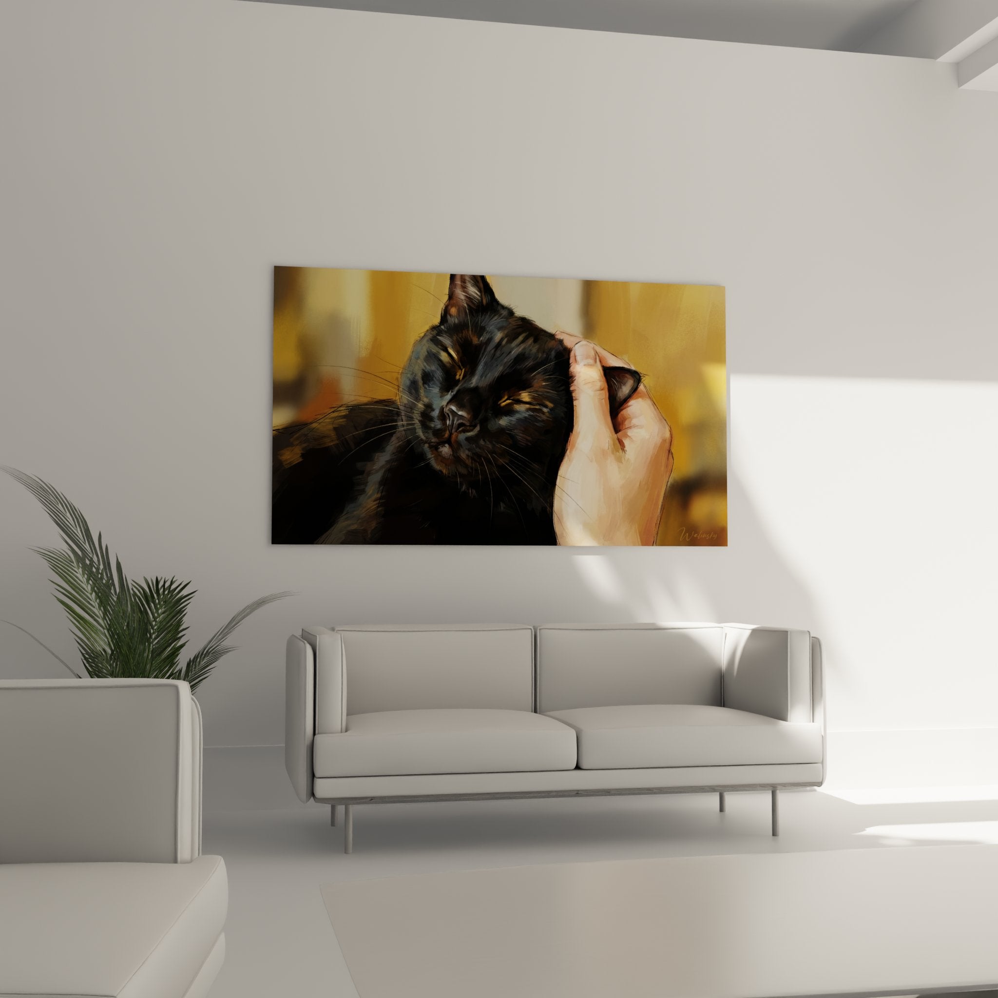 Gros plan tableau peinture chat noir détails pelage soyeux et expression béatitude sous caresses main